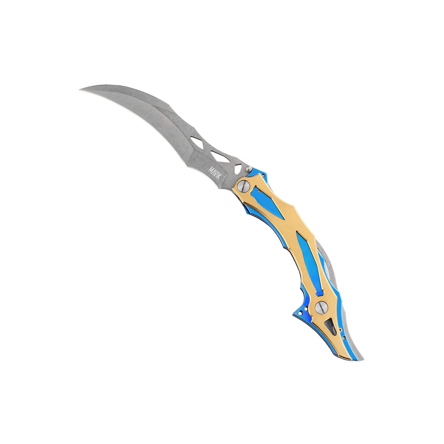 Folding knife Wou Transformer from Mavik Gear with handle details in steel and blue titanium with tyrant gold.
