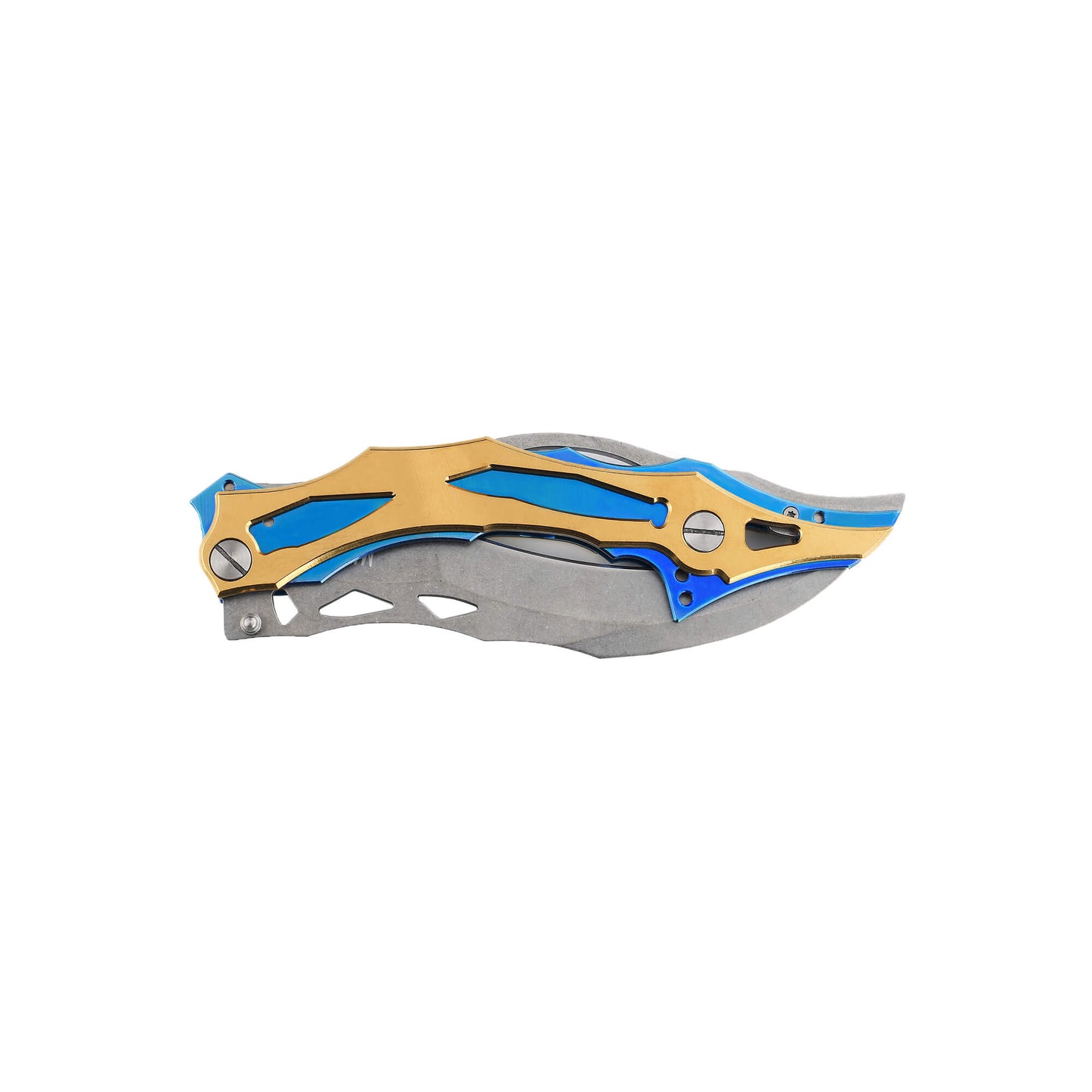 Folding knife Wou Transformer from Mavik Gear with handle details in steel and blue titanium with tyrant gold.