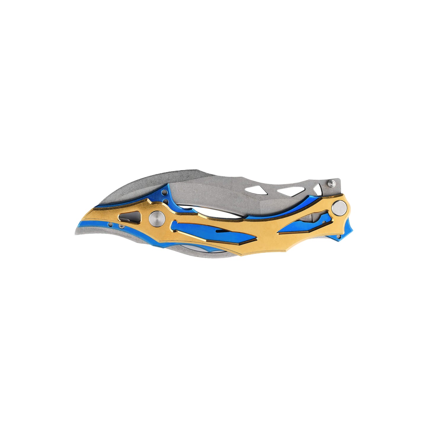 Folding knife Wou Transformer from Mavik Gear with handle details in steel and blue titanium with tyrant gold.