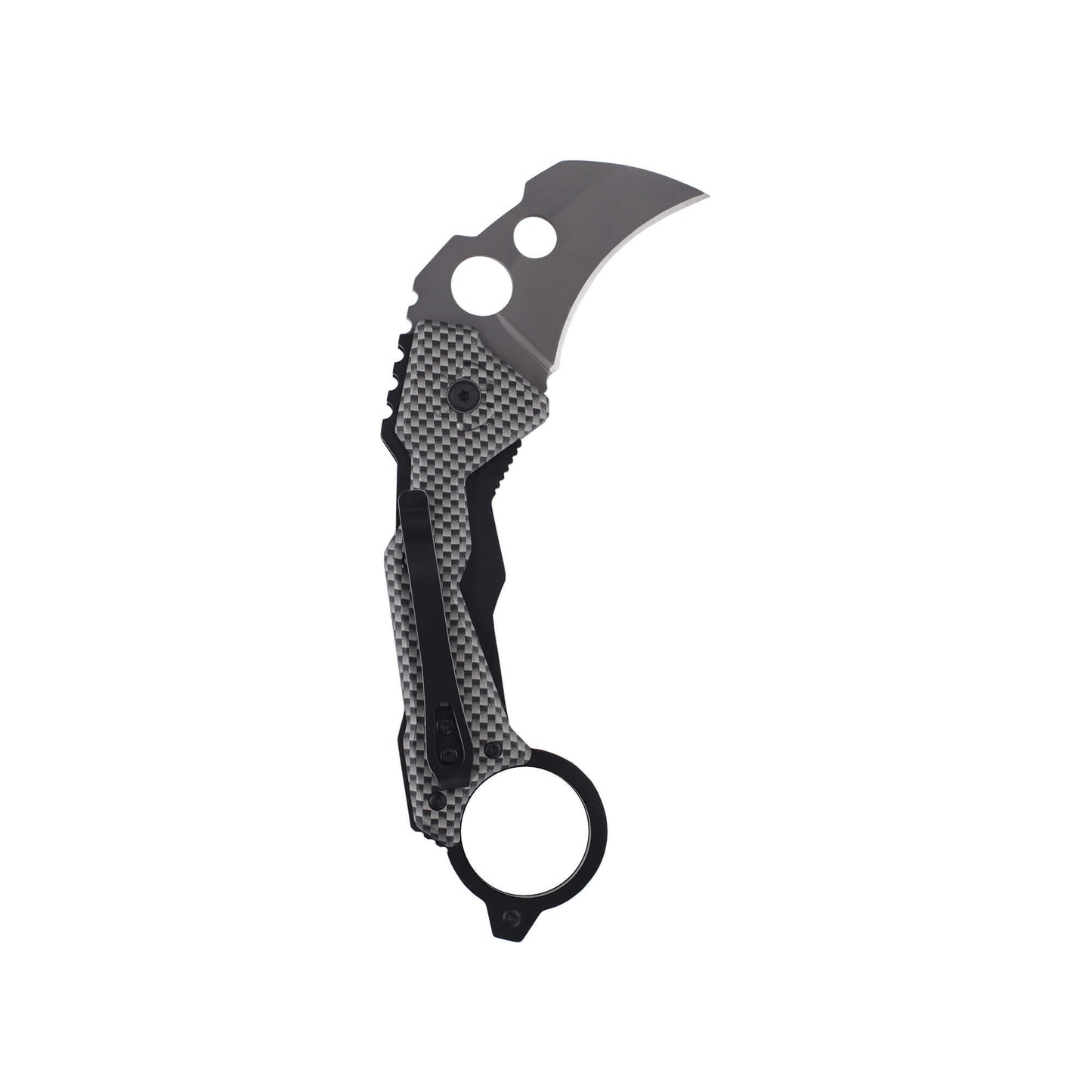 Back of folding EDC knife Klaw from Mavik Gear 5Cr15MoV steel Karambit folding blade with carbon fiber handle