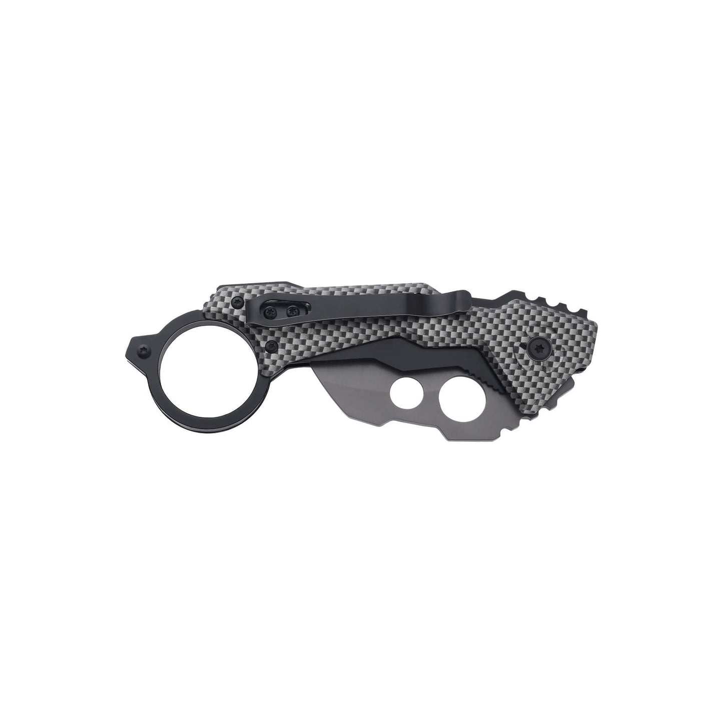 Back of folded EDC knife Klaw from Mavik Gear 5Cr15MoV steel Karambit folding blade with carbon fiber handle