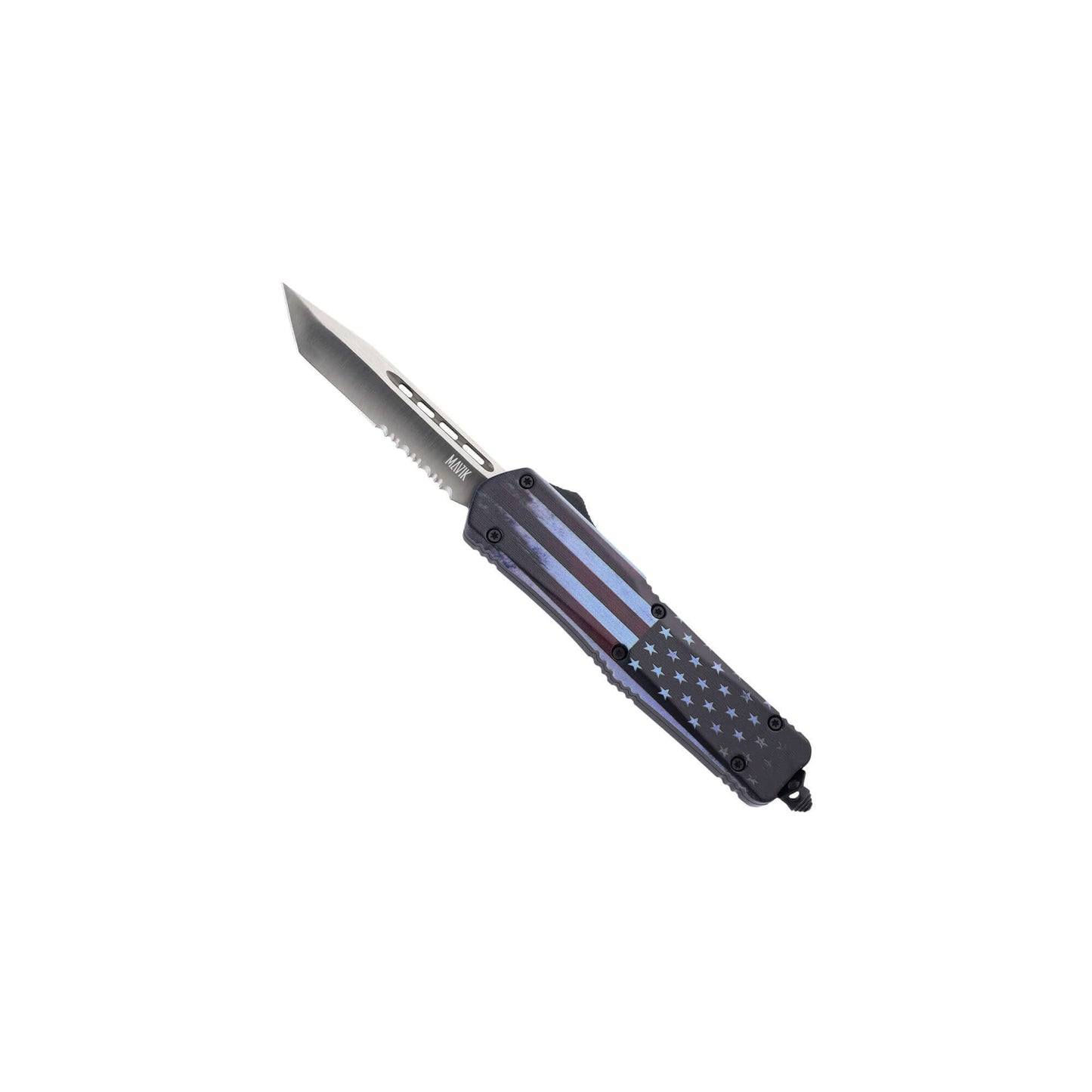 Freedom1776 American Flag dual-action OTF knife with an American Tanto serrated blade, pocket clip, and a glass breaker.