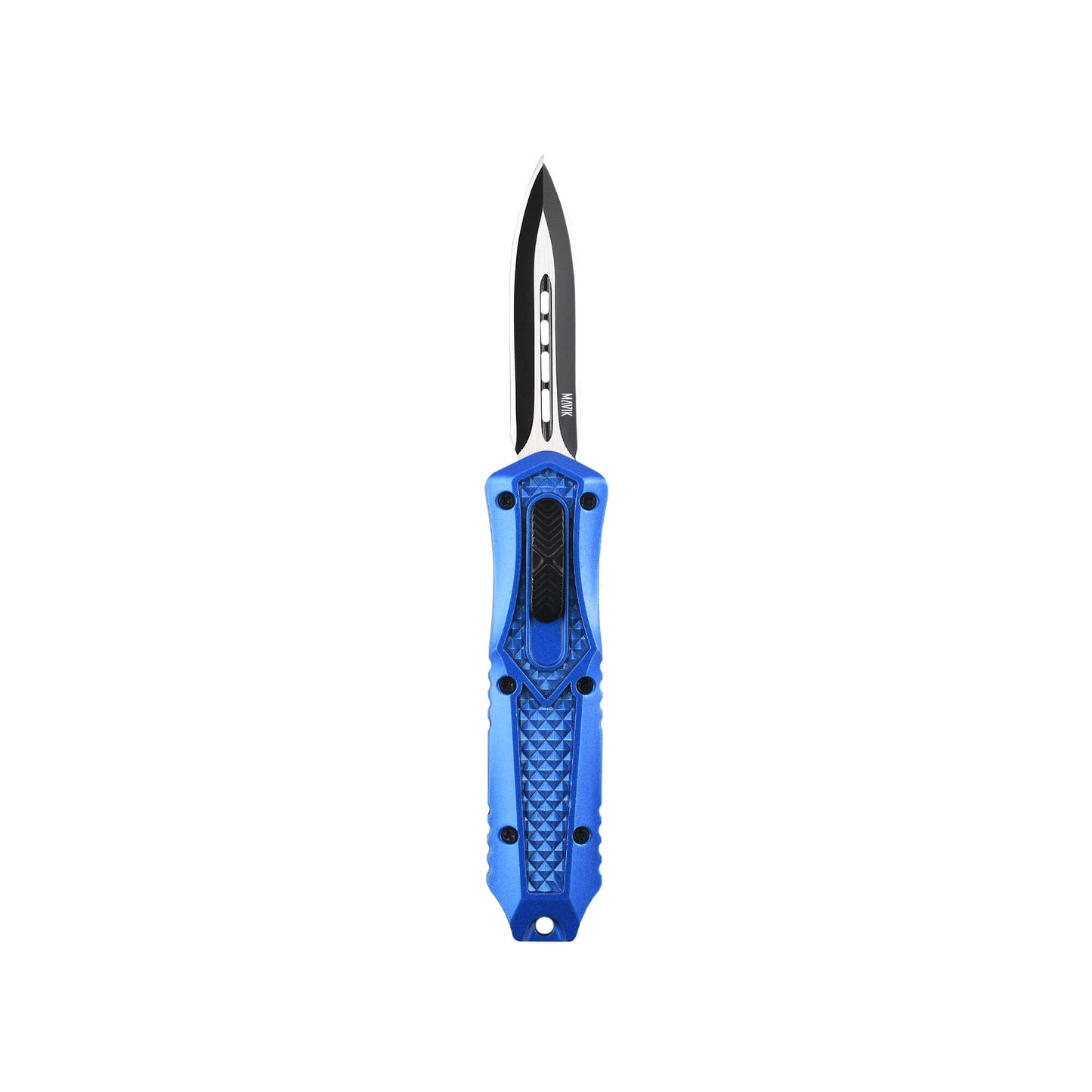 Blue Automatic OTF knife Relik from Mavik Gear with spear point blade, Zinc alloy handle, button lock and lanyard hole.
