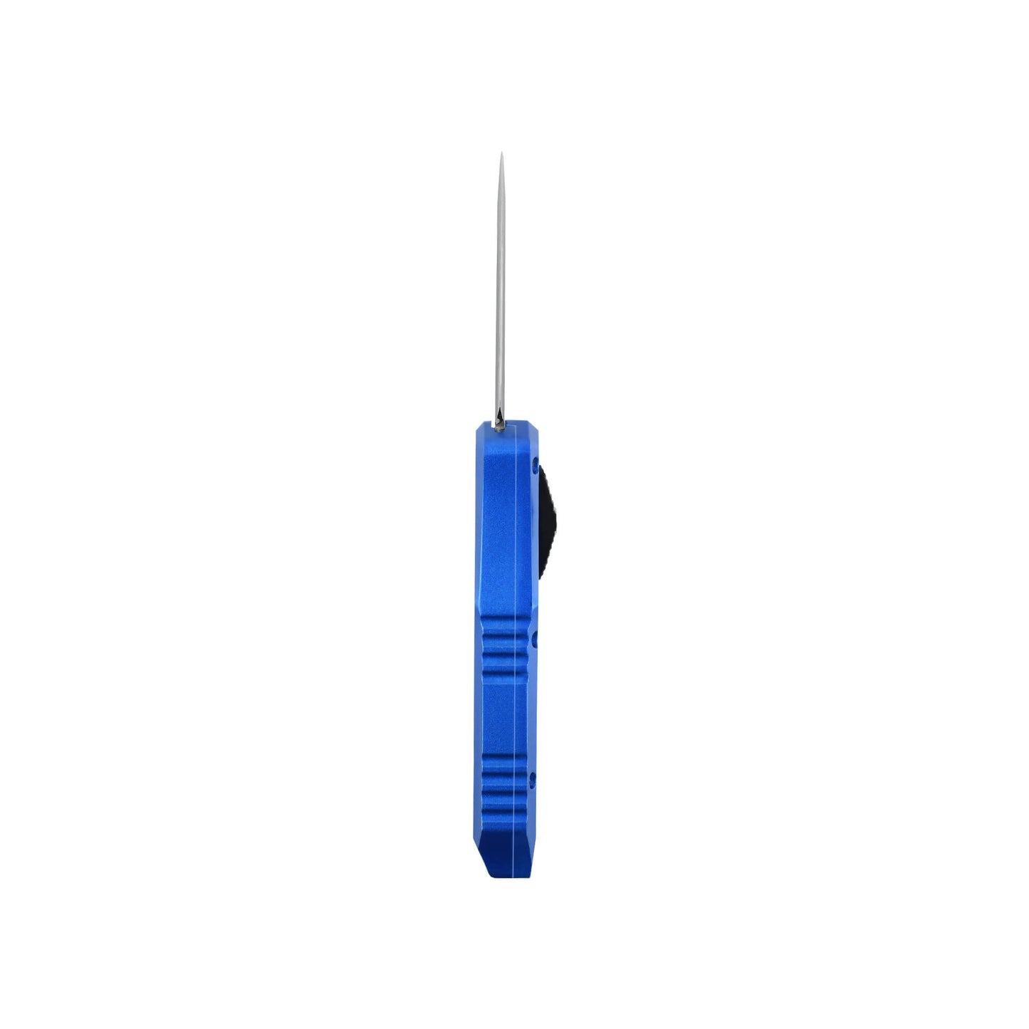 Blue Automatic OTF knife Relik from Mavik Gear with spear point blade, Zinc alloy handle, button lock and lanyard hole.