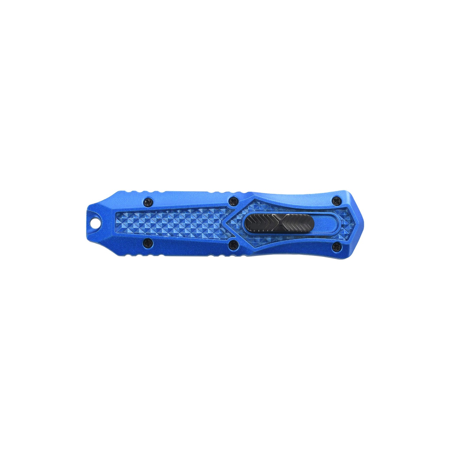Blue Automatic OTF knife Relik from Mavik Gear with spear point blade, Zinc alloy handle, button lock and lanyard hole.