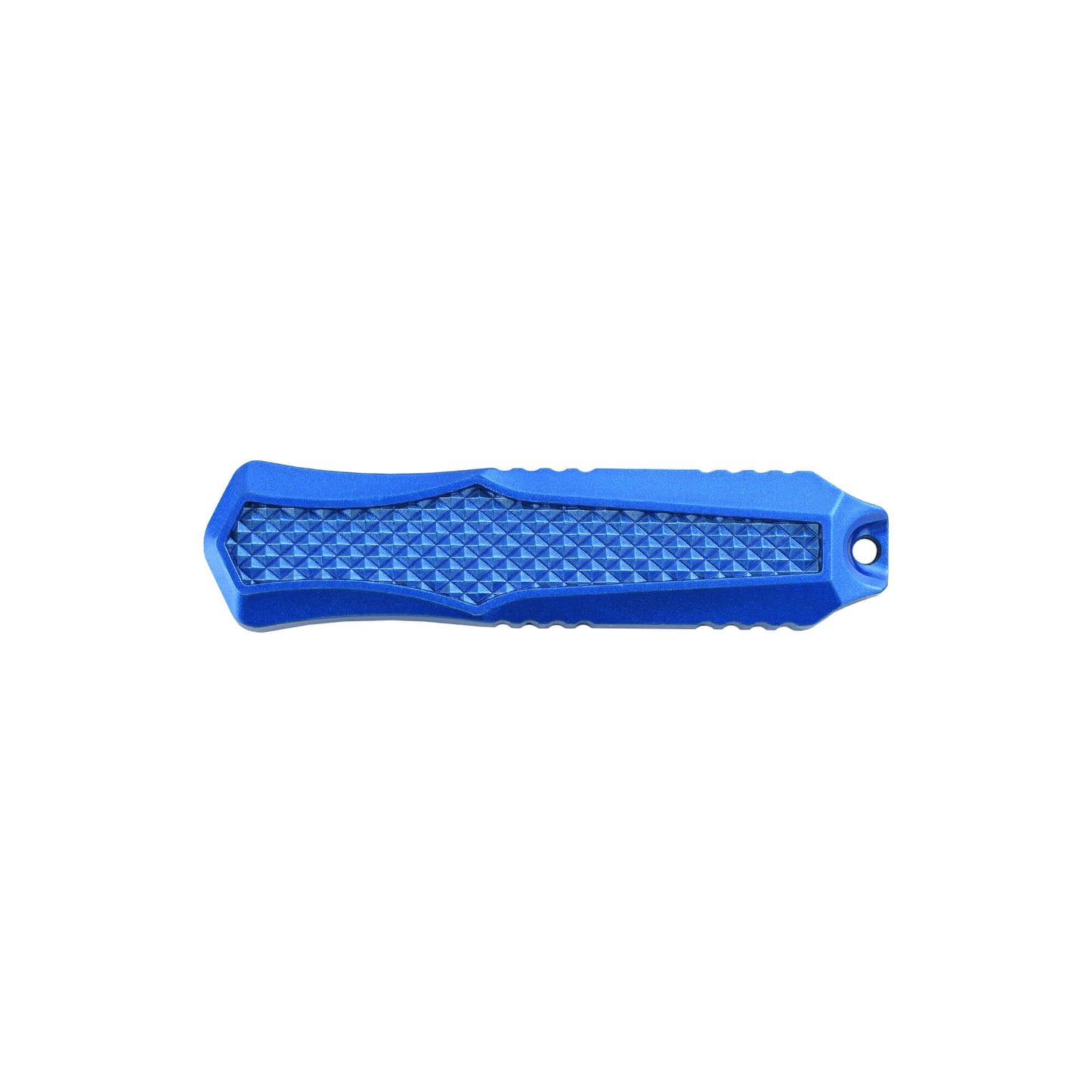 Blue Automatic OTF knife Relik from Mavik Gear with spear point blade, Zinc alloy handle, button lock and lanyard hole.