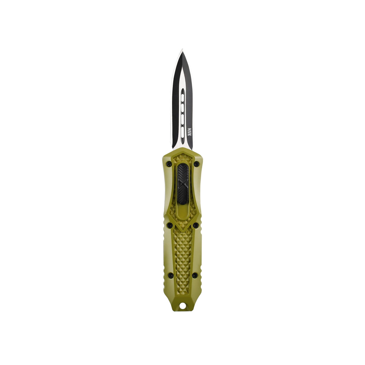 Green Automatic OTF knife Relik from Mavik Gear with spear point blade, Zinc alloy handle, button lock and lanyard hole.