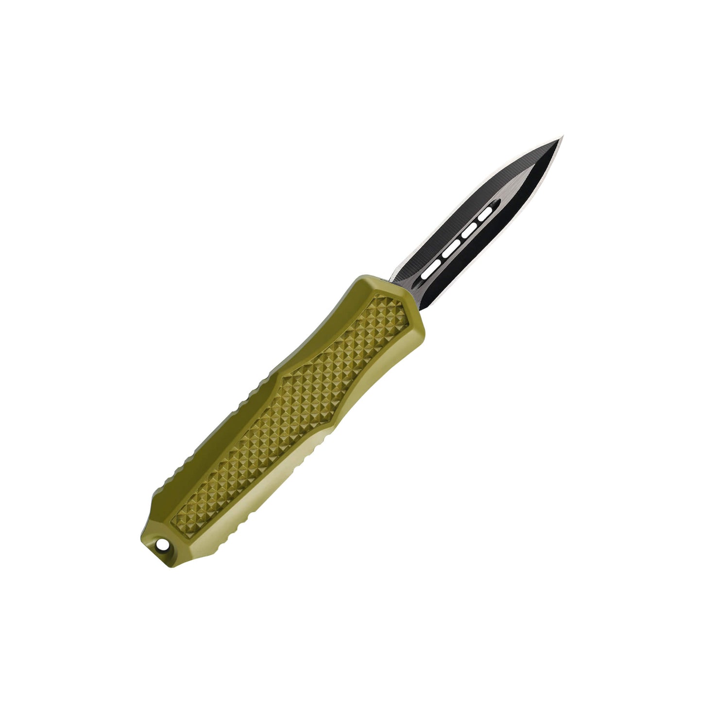 Green Automatic OTF knife Relik from Mavik Gear with spear point blade, Zinc alloy handle, button lock and lanyard hole.