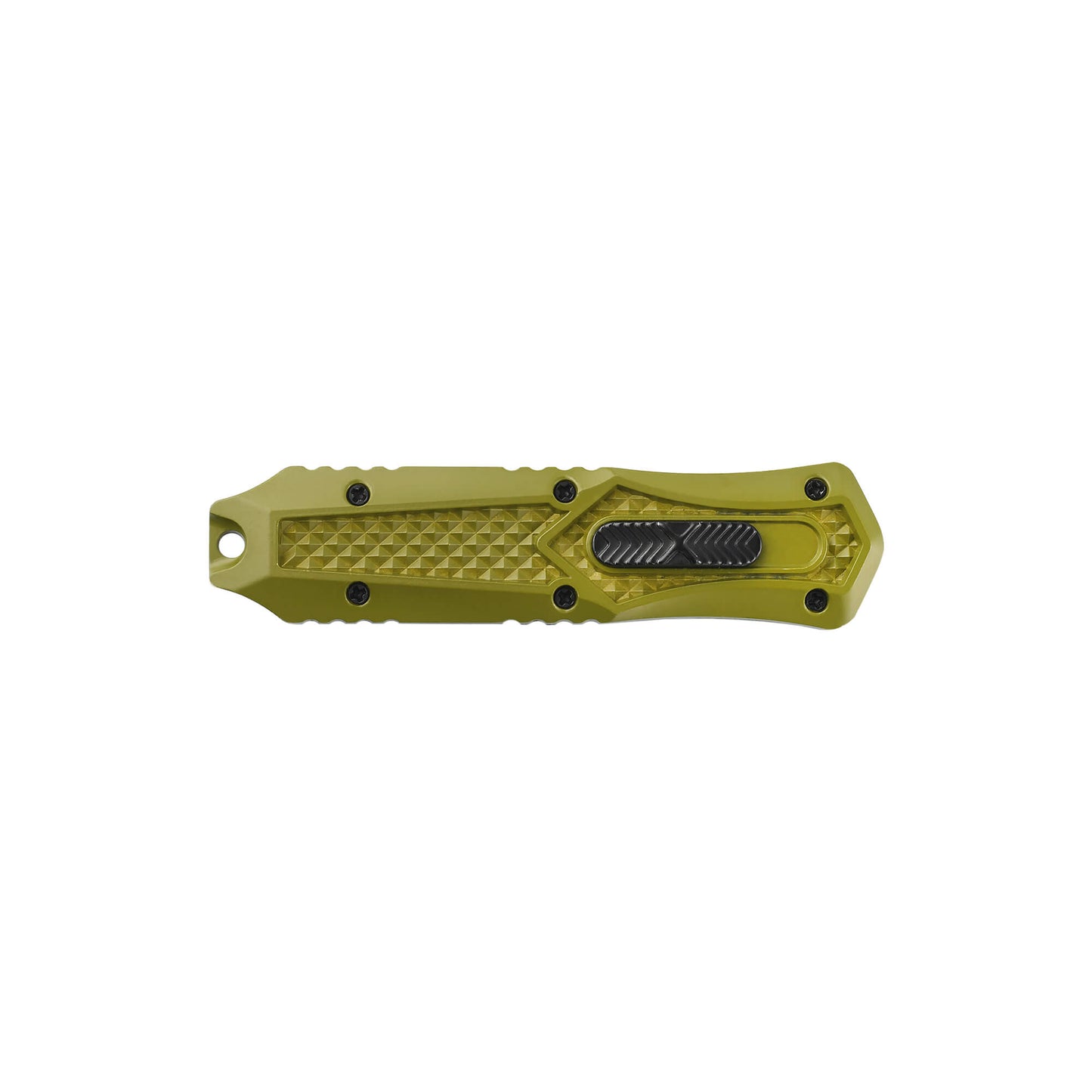 Green Automatic OTF knife Relik from Mavik Gear with spear point blade, Zinc alloy handle, button lock and lanyard hole.
