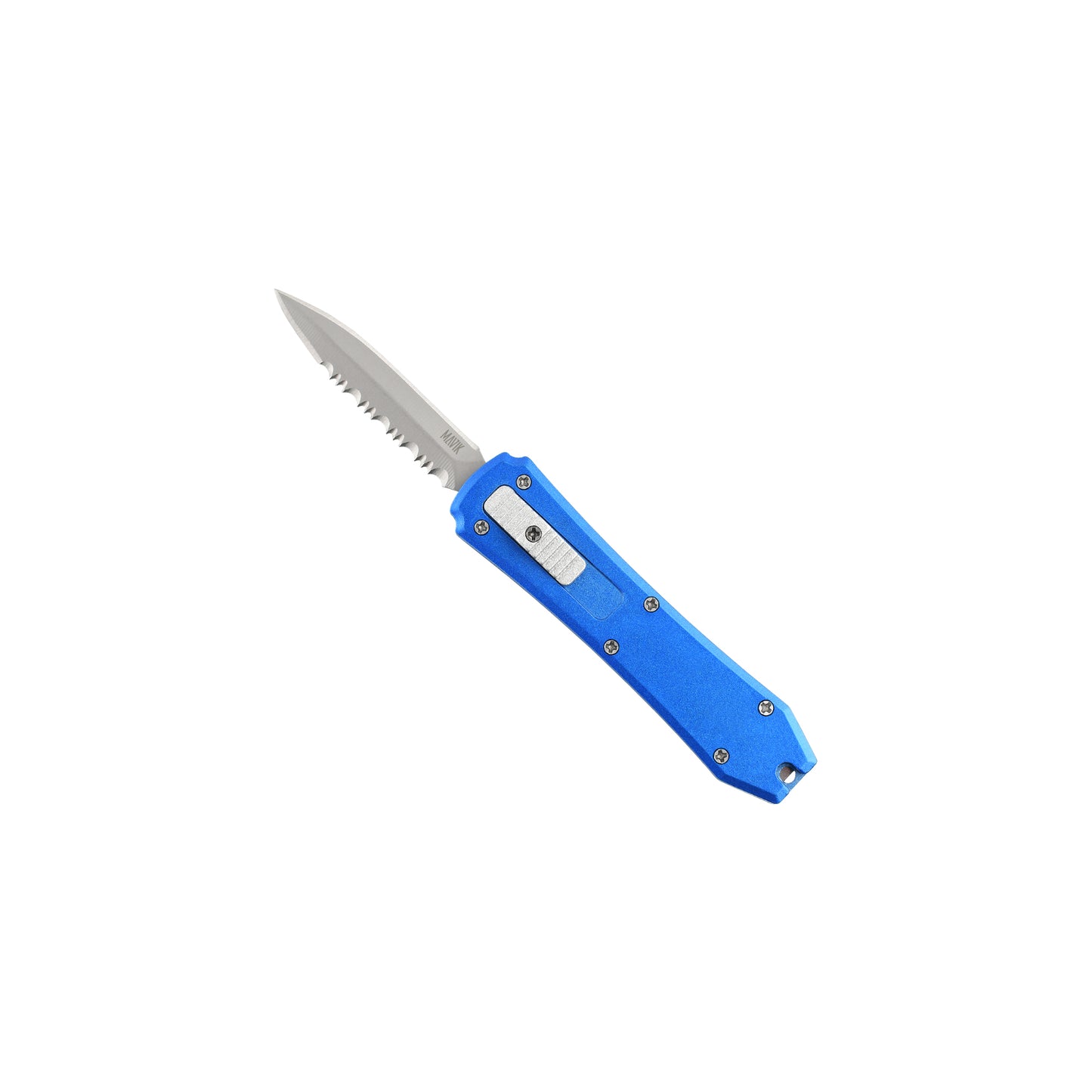 Hunting, fishing, EDC Mini automatic OTF knife Xkarve with serrated spear point blade, Zinc alloy handle and lanyard hole.