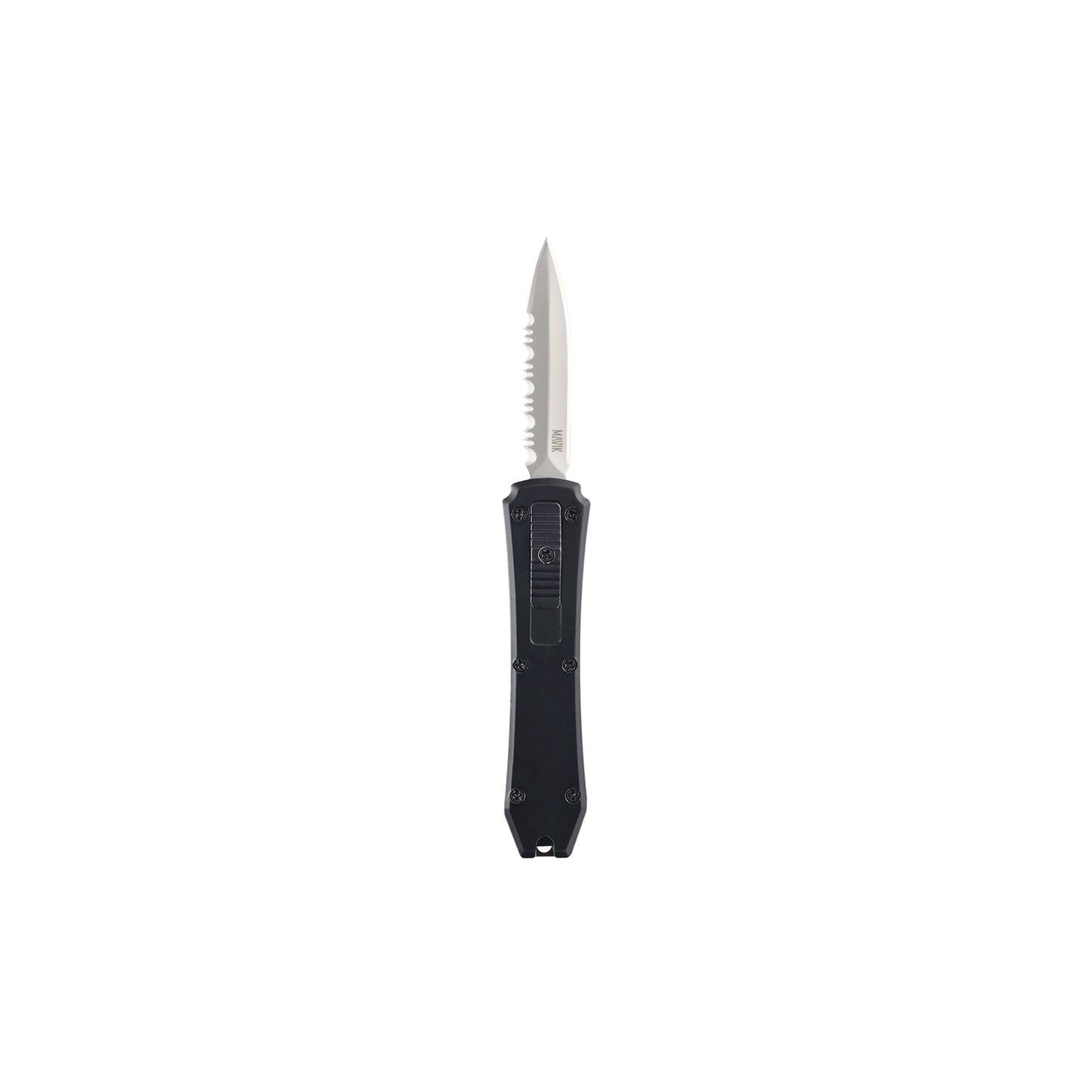 Hunting, fishing, EDC Mini automatic OTF knife Xkarve with serrated spear point blade, Zinc alloy handle and lanyard hole.