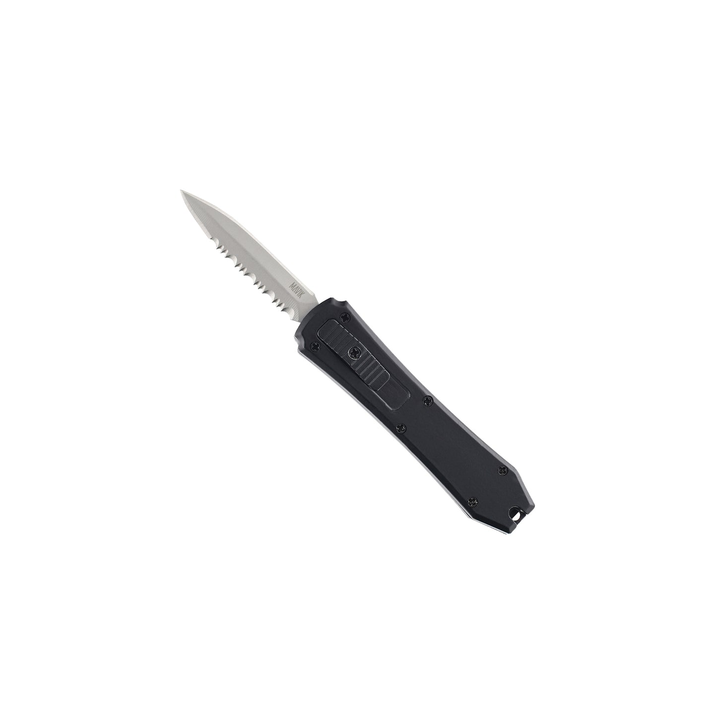 Hunting, fishing, EDC Mini automatic OTF knife Xkarve with serrated spear point blade, Zinc alloy handle and lanyard hole.