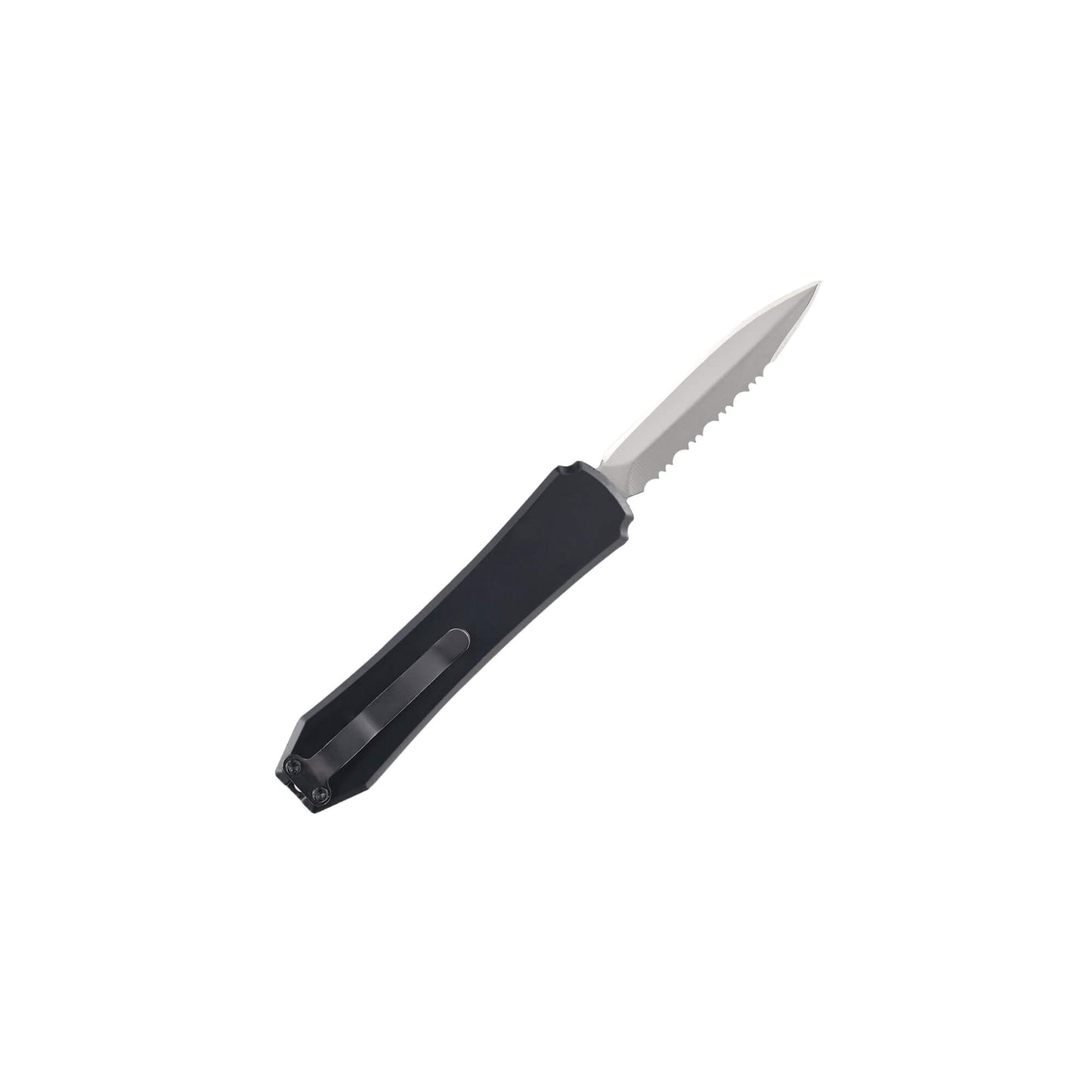 Hunting, fishing, EDC Mini automatic OTF knife Xkarve with serrated spear point blade, Zinc alloy handle and lanyard hole.