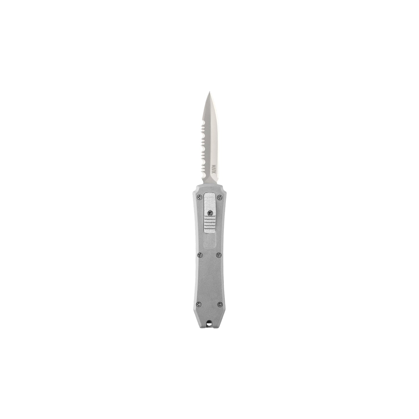 Hunting, fishing, EDC Mini automatic OTF knife Xkarve with serrated spear point blade, Zinc alloy handle and lanyard hole.