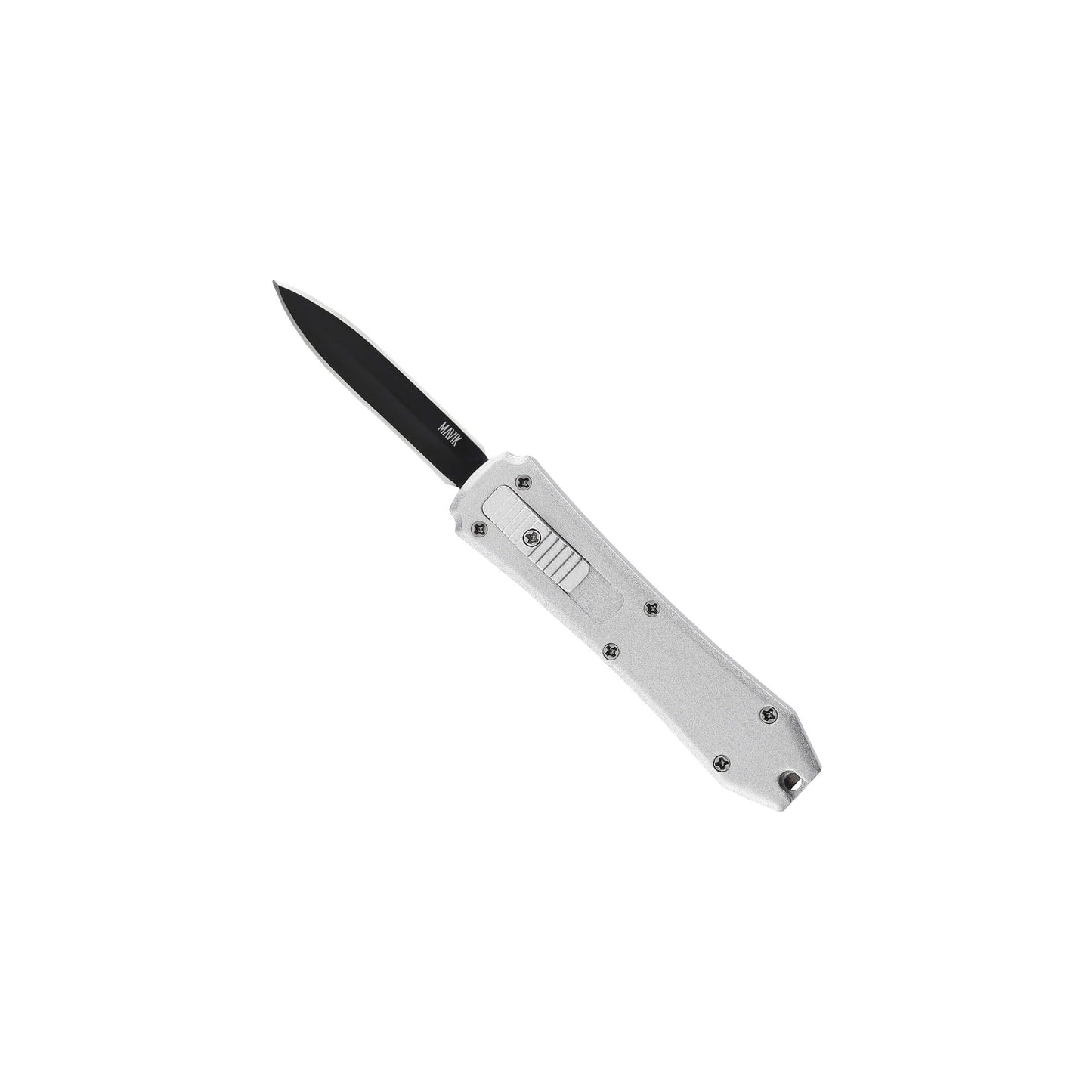 Silver Hunting, fishing, EDC Mini automatic OTF knife Xkarve with spear point blade, Zinc alloy handle and lanyard hole.