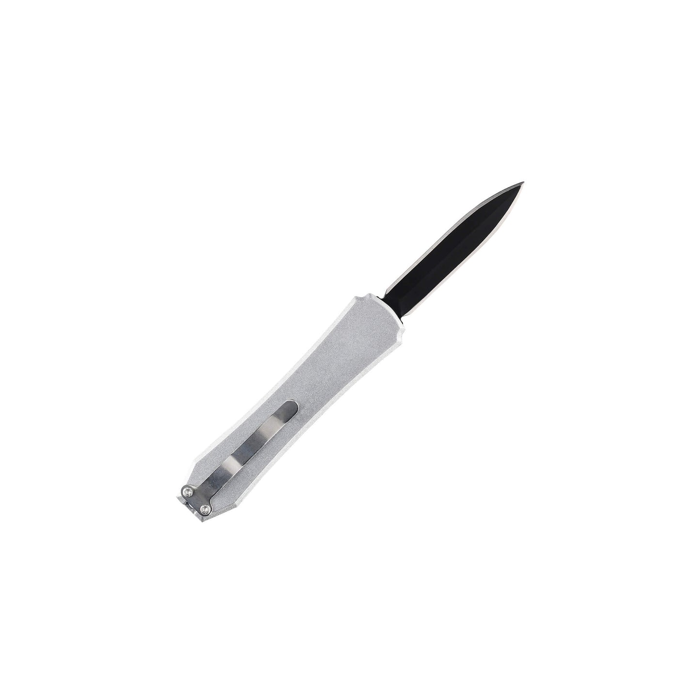 Silver Hunting, fishing, EDC Mini automatic OTF knife Xkarve with spear point blade, Zinc alloy handle and lanyard hole.