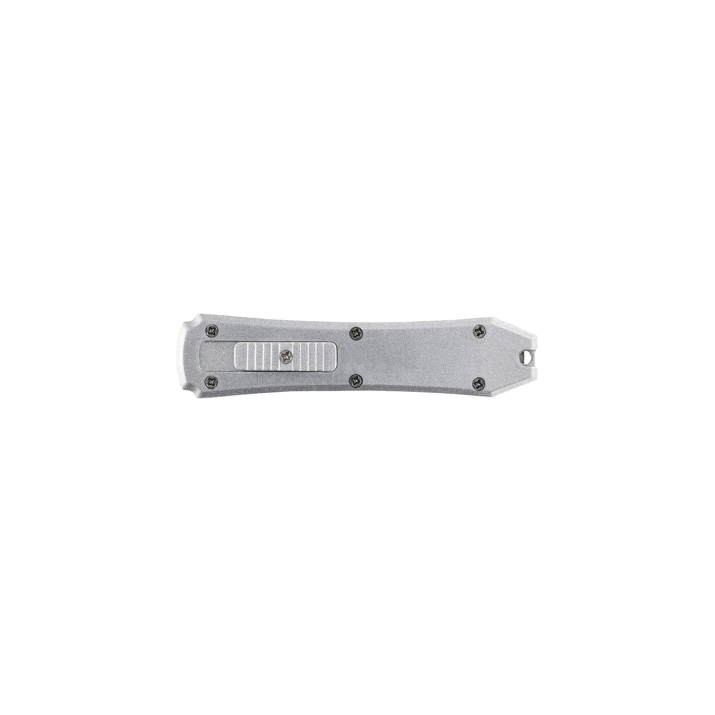 Silver Hunting, fishing, EDC Mini automatic OTF knife Xkarve with spear point blade, Zinc alloy handle and lanyard hole.