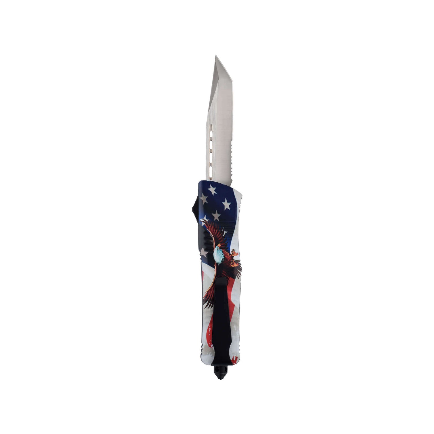 Freedom0704 American Eagle dual-action OTF knife with an American Tanto serrated blade, pocket clip, and a glass breaker.