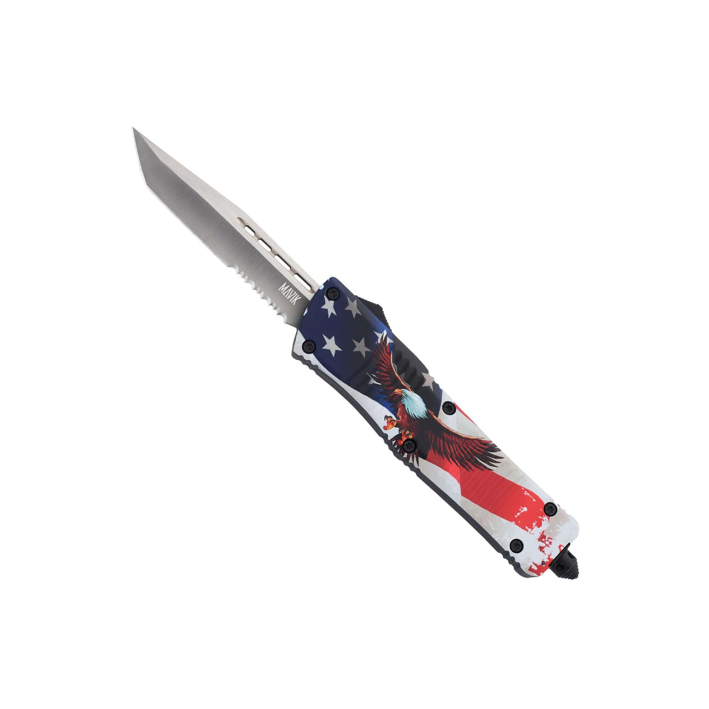 Freedom0704 American Eagle dual-action OTF knife with an American Tanto serrated blade, pocket clip, and a glass breaker.