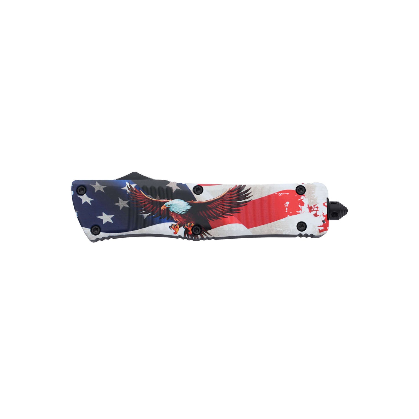 Freedom0704 American Eagle dual-action OTF knife with an American Tanto serrated blade, pocket clip, and a glass breaker.