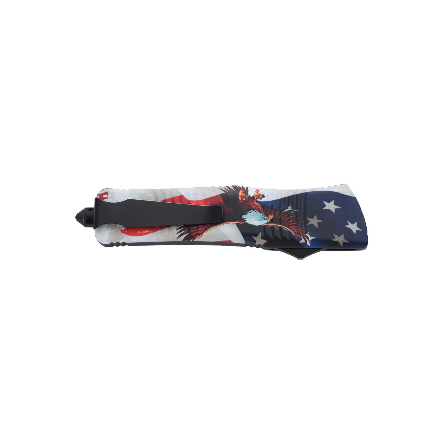 Freedom0704 American Eagle dual-action OTF knife with an American Tanto serrated blade, pocket clip, and a glass breaker.