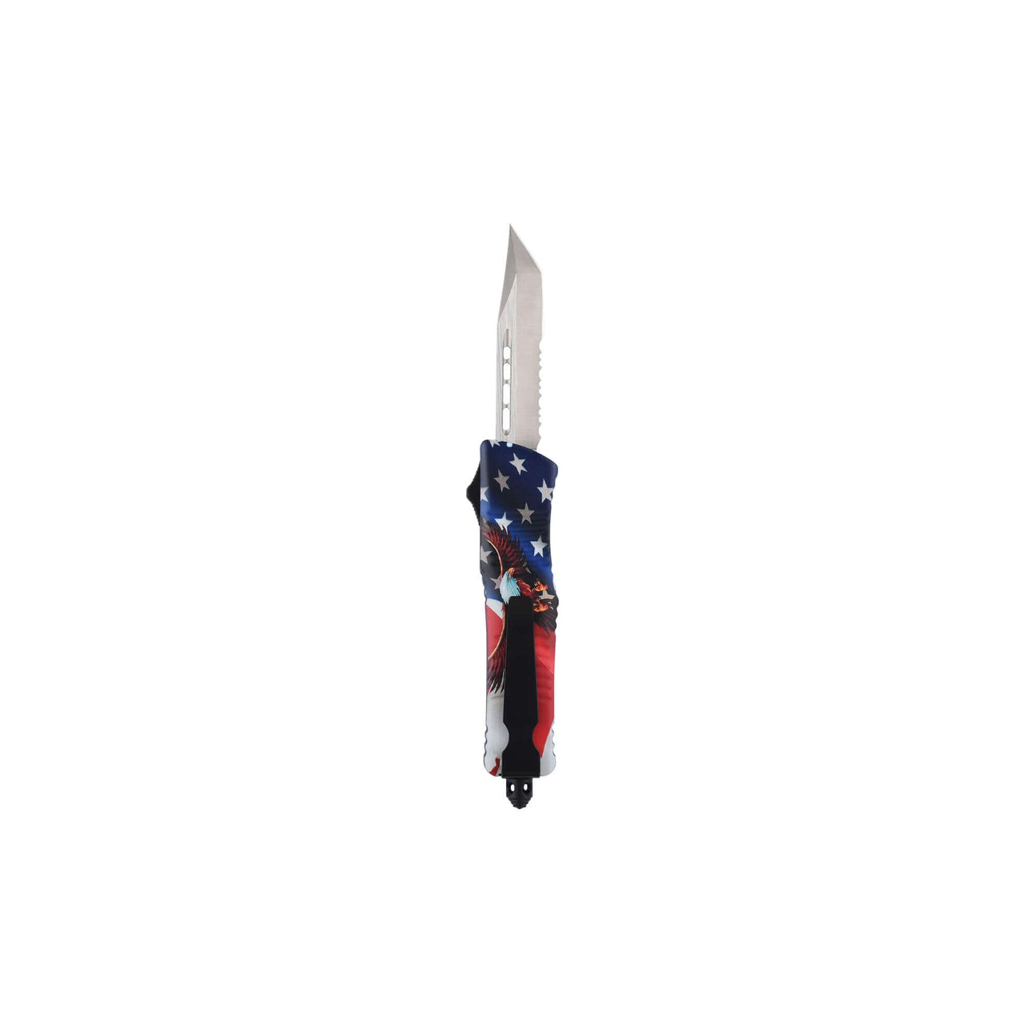 Freedom0704 American Eagle dual-action OTF knife with an American Tanto serrated blade, pocket clip, and a glass breaker.