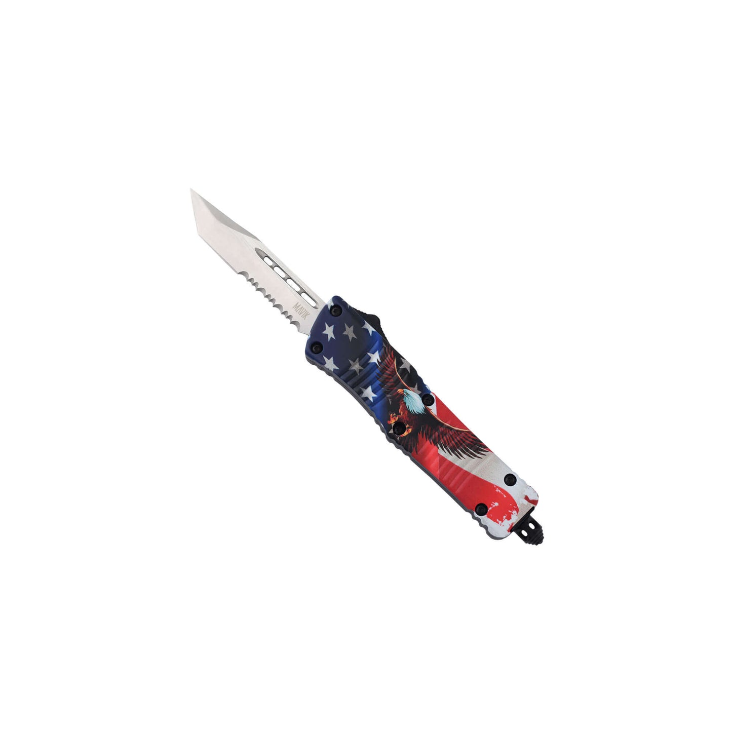 Freedom0704 American Eagle dual-action OTF knife with an American Tanto serrated blade, pocket clip, and a glass breaker.