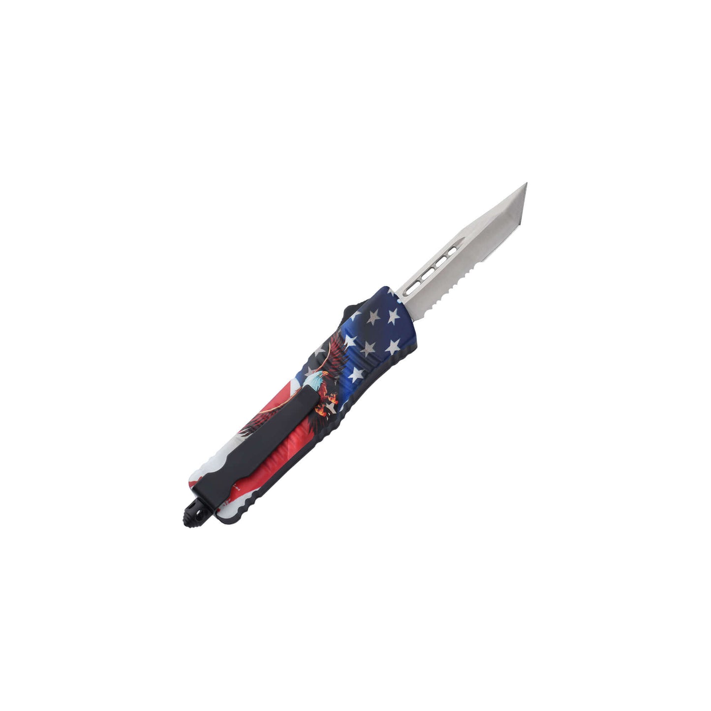 Freedom0704 American Eagle dual-action OTF knife with an American Tanto serrated blade, pocket clip, and a glass breaker.