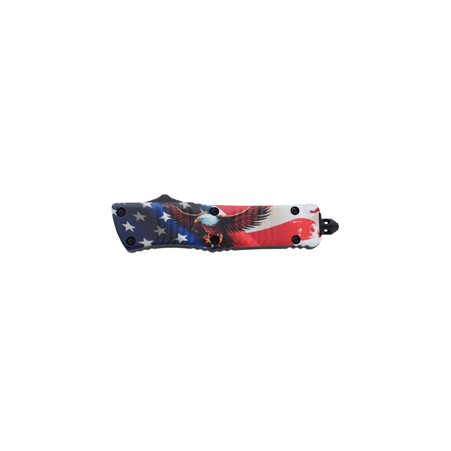 Freedom0704 American Eagle dual-action OTF knife with an American Tanto serrated blade, pocket clip, and a glass breaker.