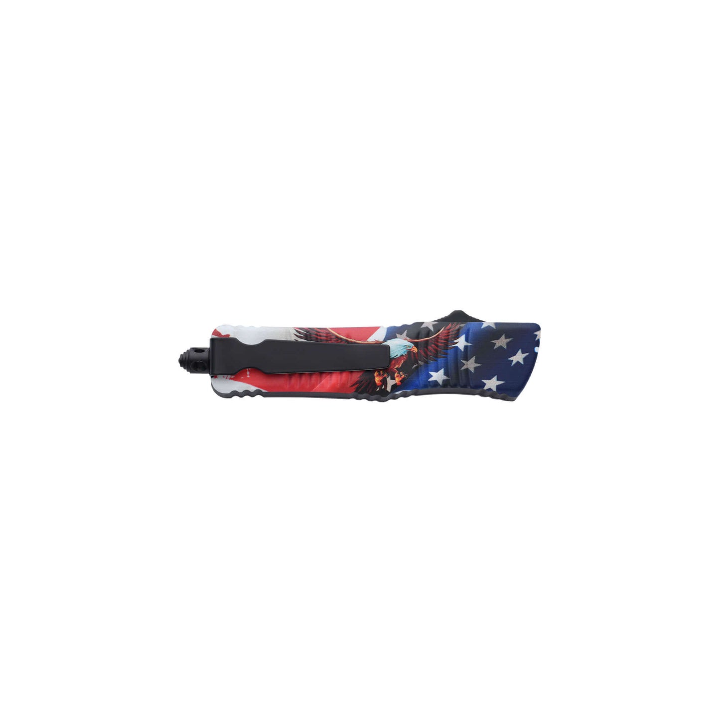 Freedom0704 American Eagle dual-action OTF knife with an American Tanto serrated blade, pocket clip, and a glass breaker.