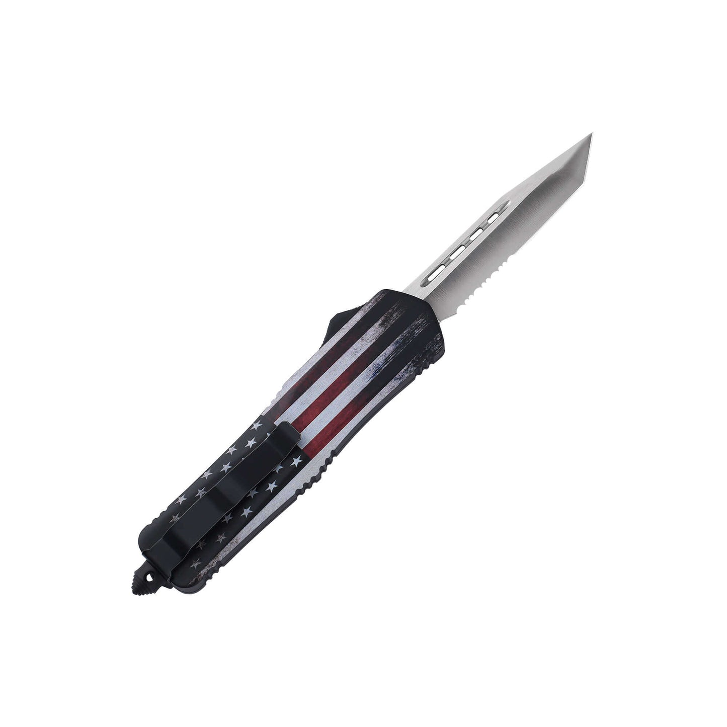 Freedom1776 American Flag dual-action OTF knife with an American Tanto serrated blade, pocket clip, and a glass breaker.