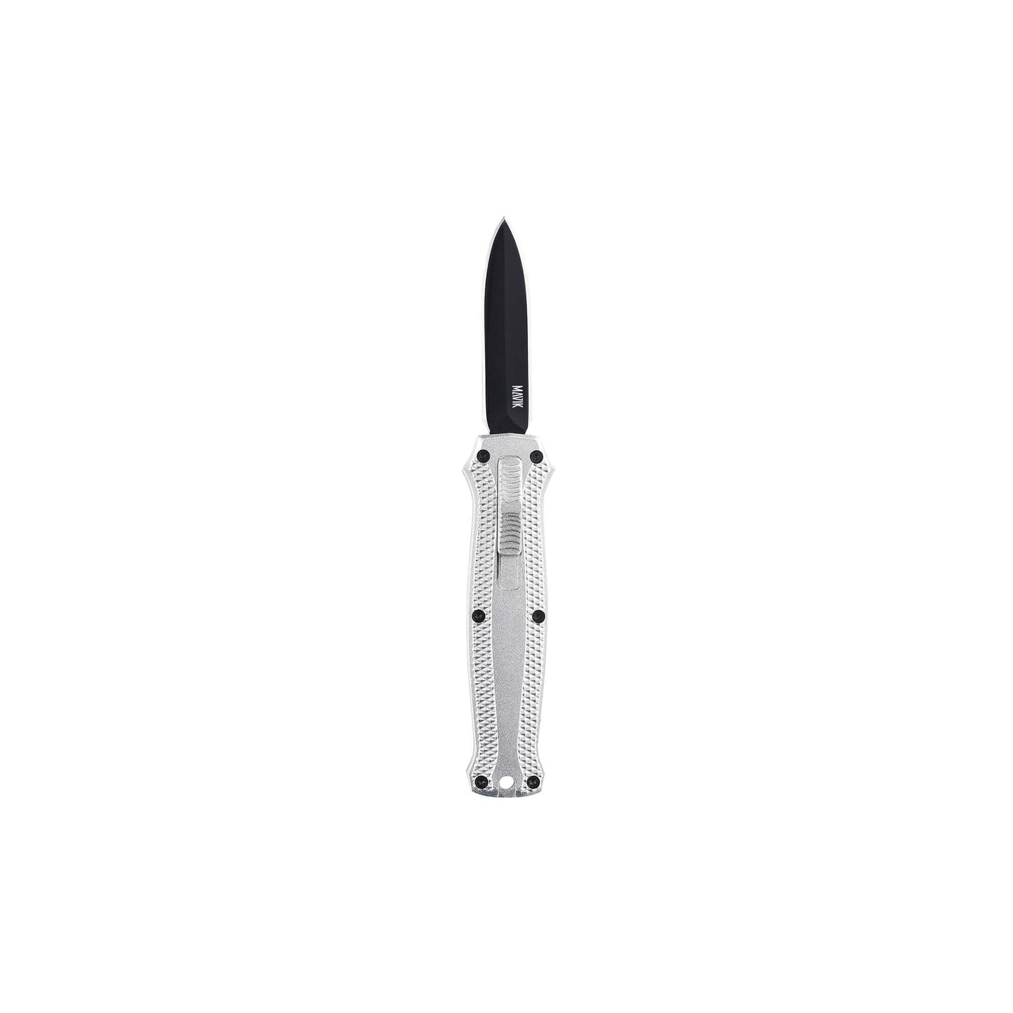 Glimmer mini OTF knife with dual-action, double-edge dagger blade and textured Aluminum Alloy handle for secure grip.