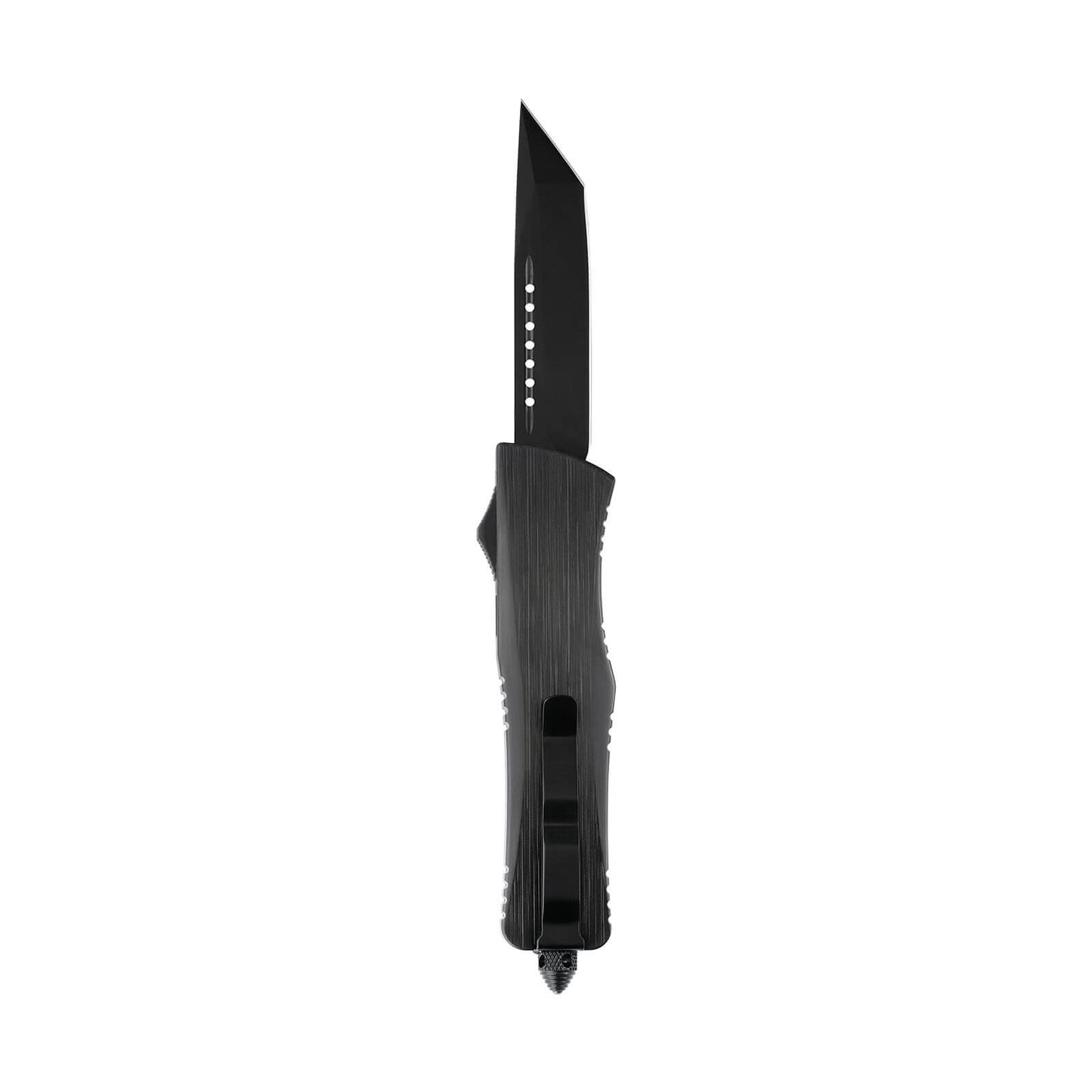 Opian Large OTF knife with dual-action, tanto blade and textured Zinc Alloy handle for secure grip.