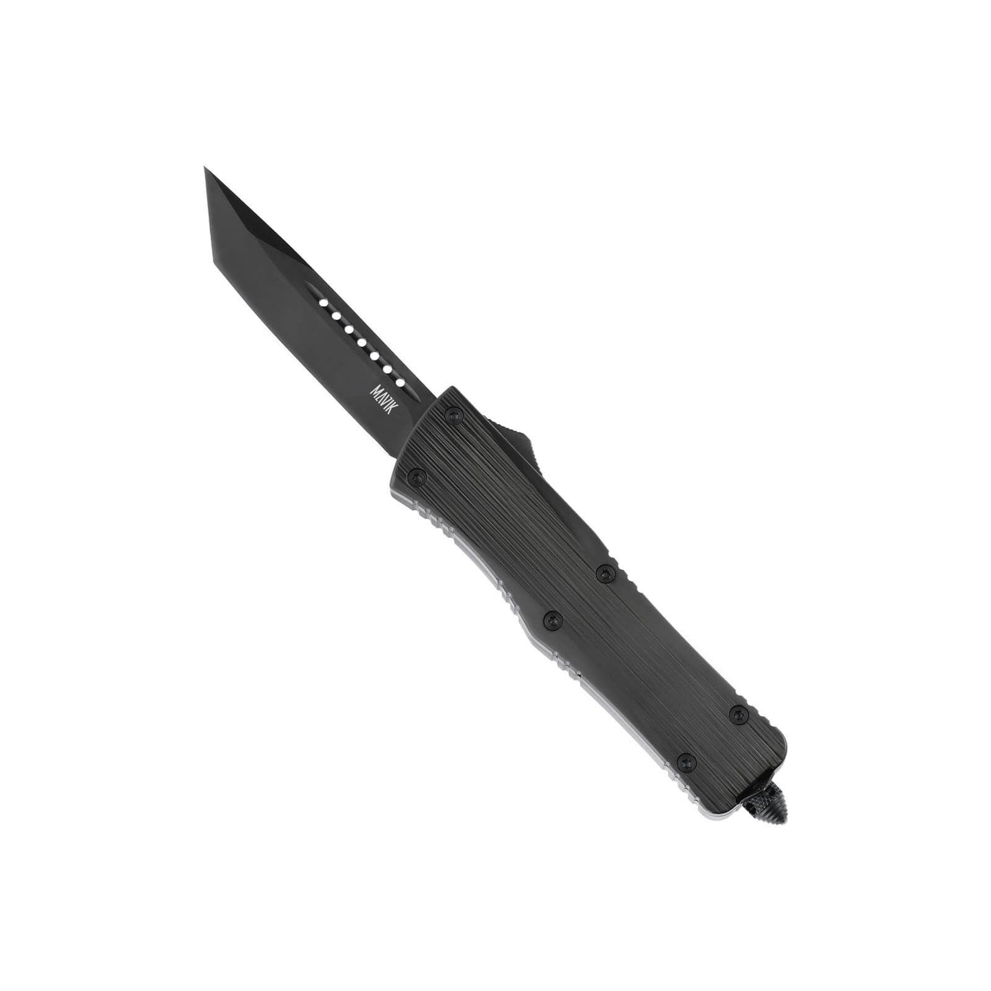 Opian Large OTF knife with dual-action, tanto blade and textured Zinc Alloy handle for secure grip.