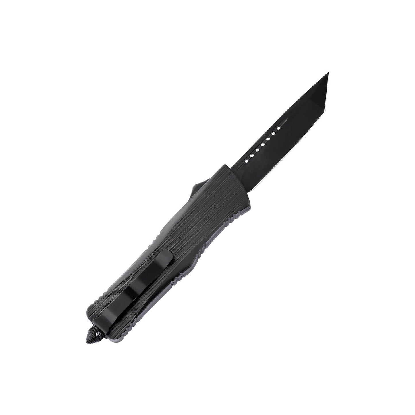 Opian Large OTF knife with dual-action, tanto blade and textured Zinc Alloy handle for secure grip.