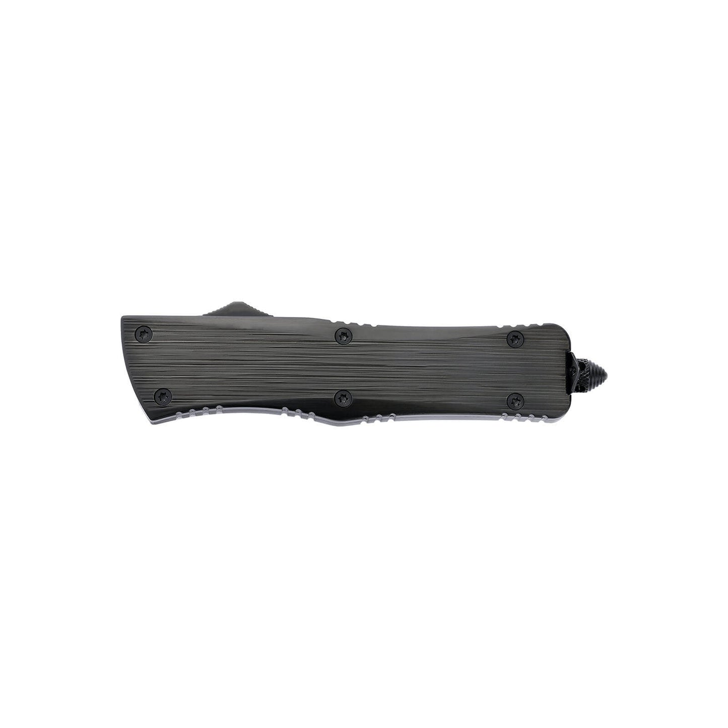Opian Large OTF knife with dual-action, tanto blade and textured Zinc Alloy handle for secure grip.