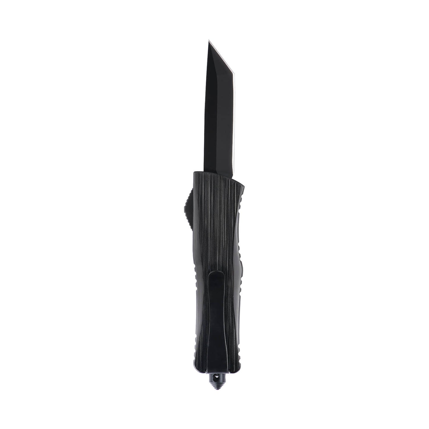 Opian Small OTF knife with dual-action, tanto blade and textured Zinc Alloy handle for secure grip.