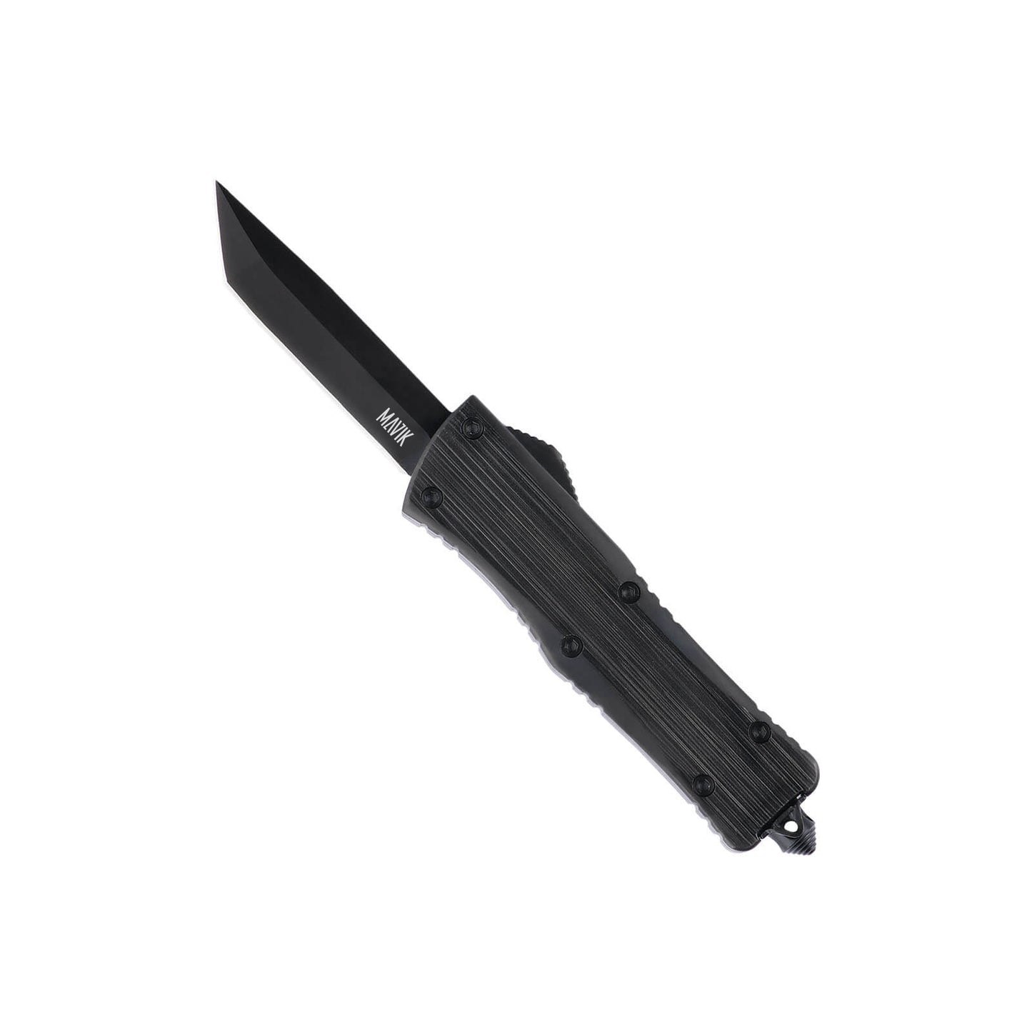 Opian Small OTF knife with dual-action, tanto blade and textured Zinc Alloy handle for secure grip.
