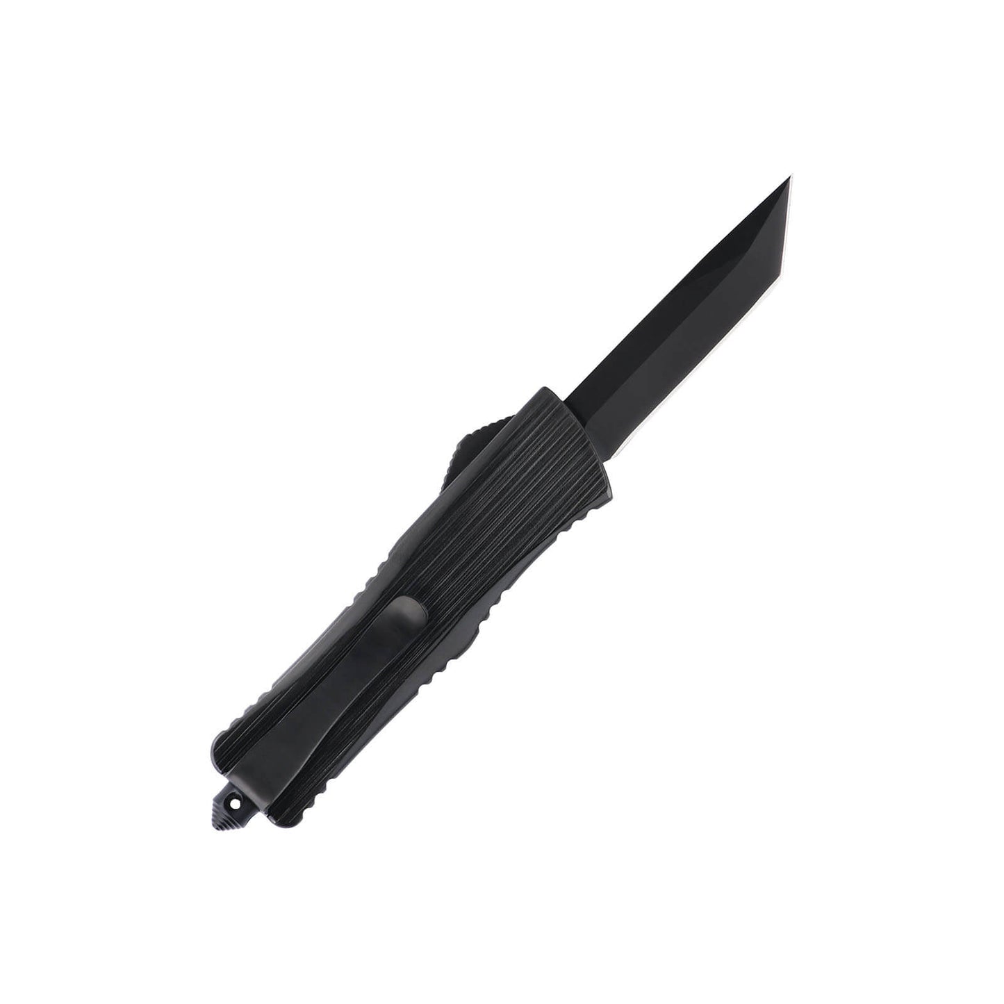 Opian Small OTF knife with dual-action, tanto blade and textured Zinc Alloy handle for secure grip.