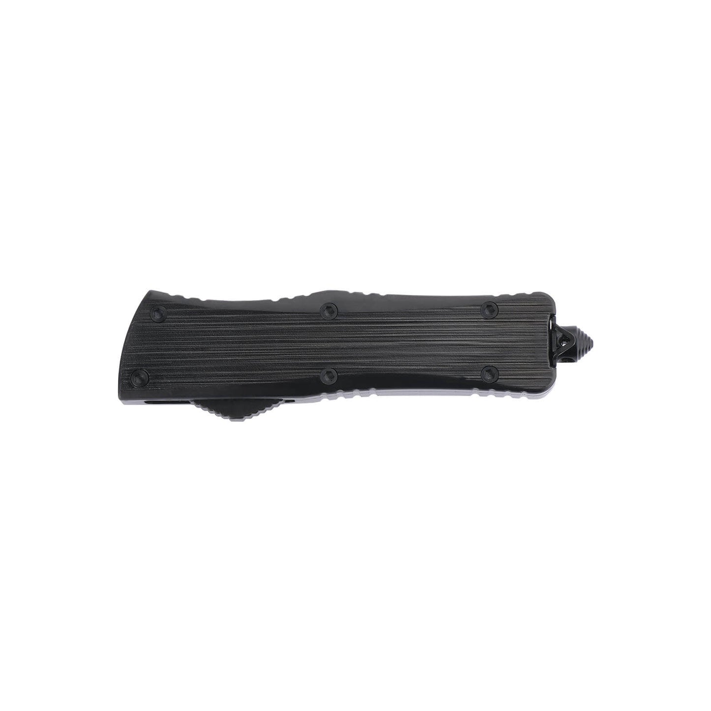 Opian Small OTF knife with dual-action, tanto blade and textured Zinc Alloy handle for secure grip.