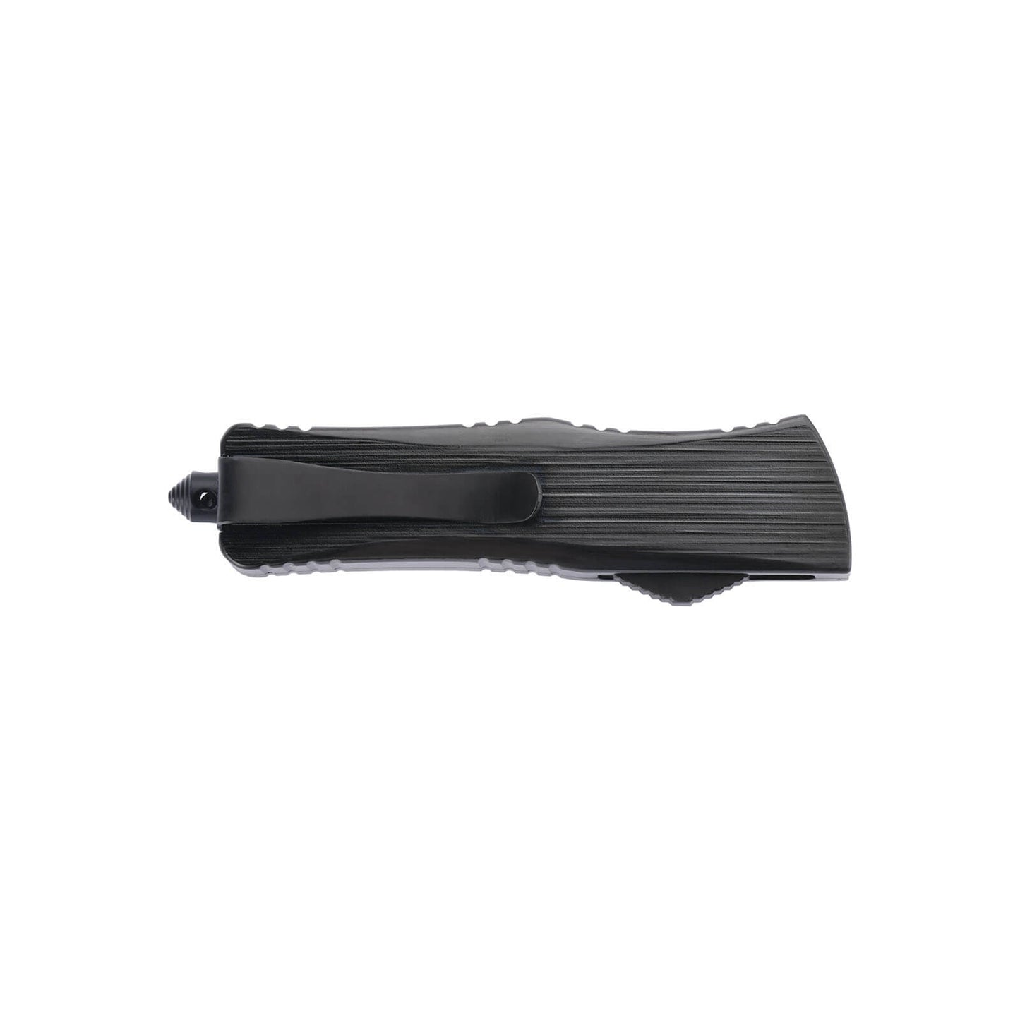 Opian Small OTF knife with dual-action, tanto blade and textured Zinc Alloy handle for secure grip.