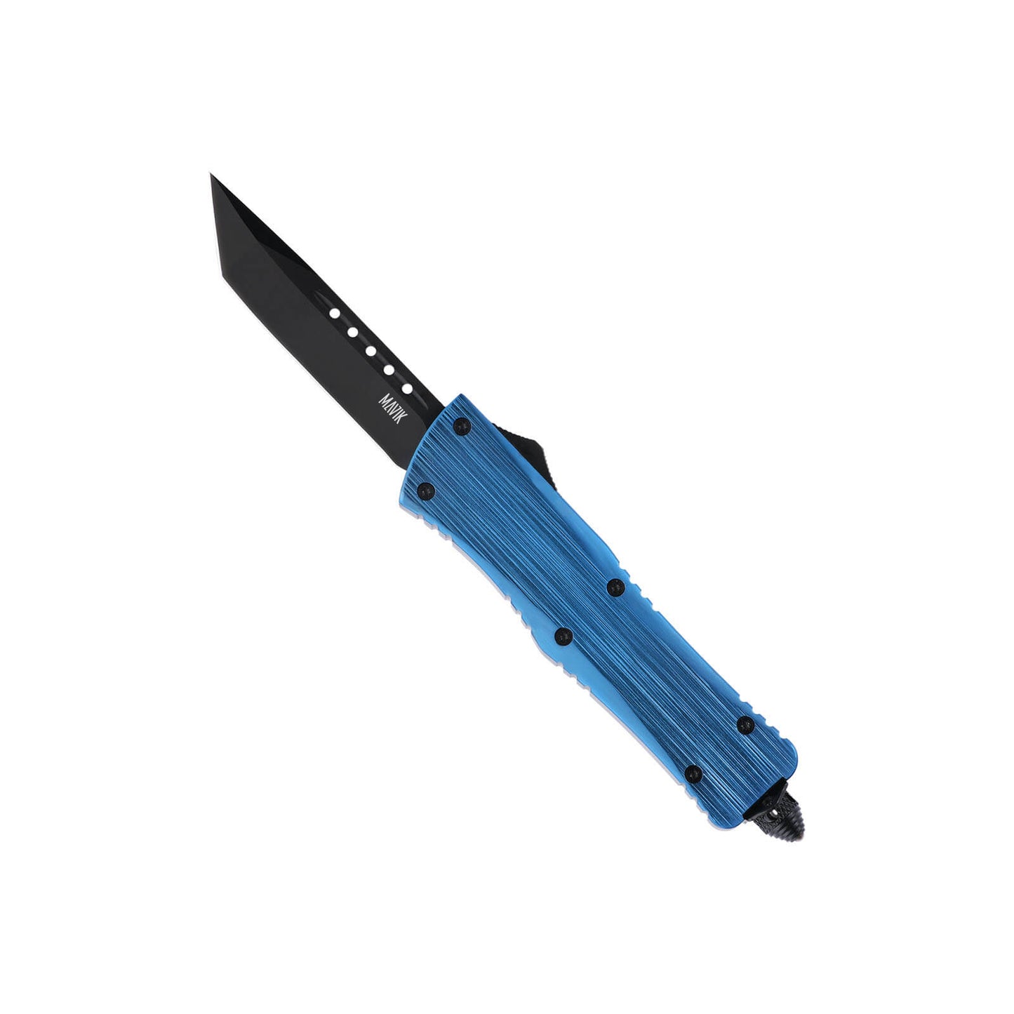 Opian Large OTF knife with dual-action, tanto blade and textured Zinc Alloy handle for secure grip.