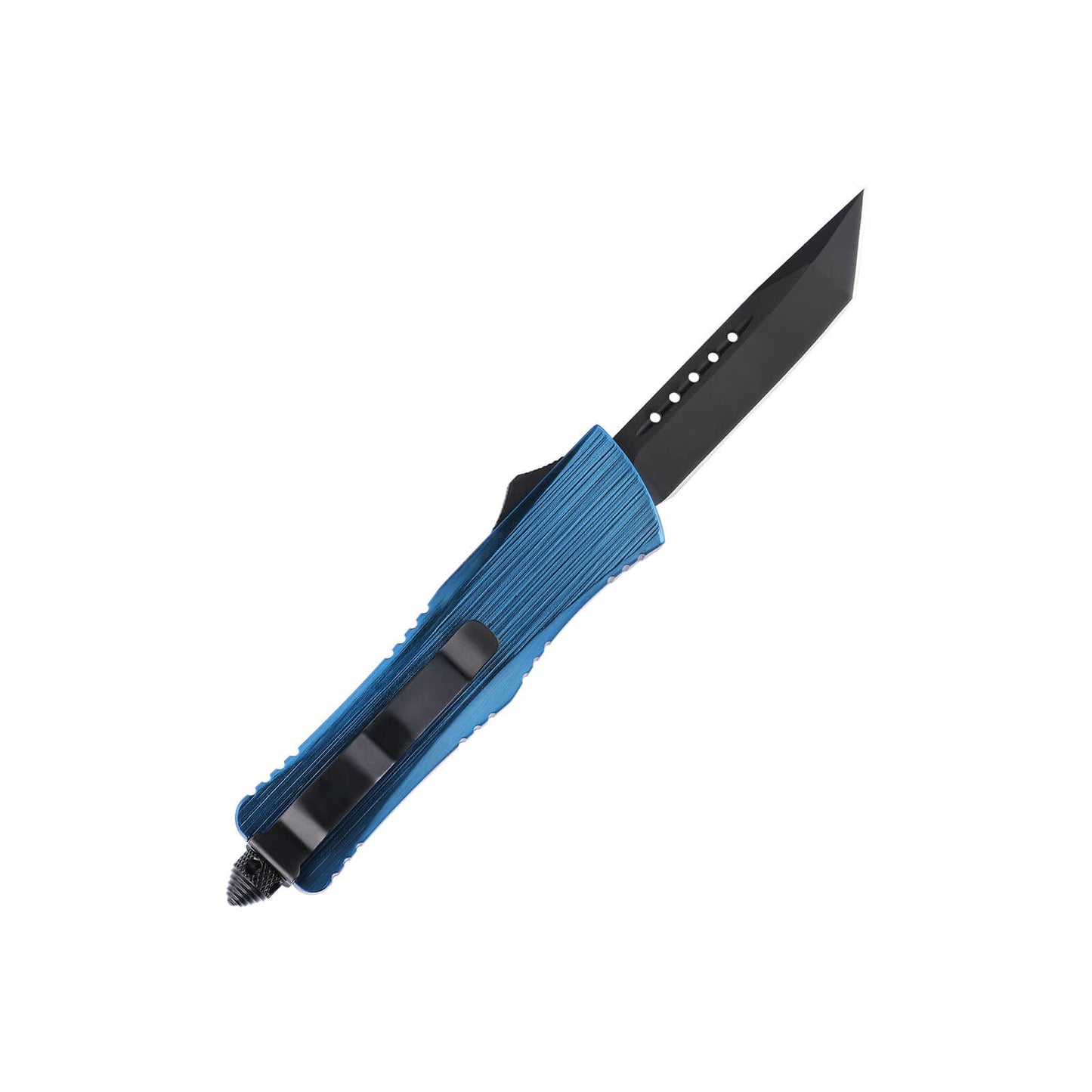 Opian Large OTF knife with dual-action, tanto blade and textured Zinc Alloy handle for secure grip.