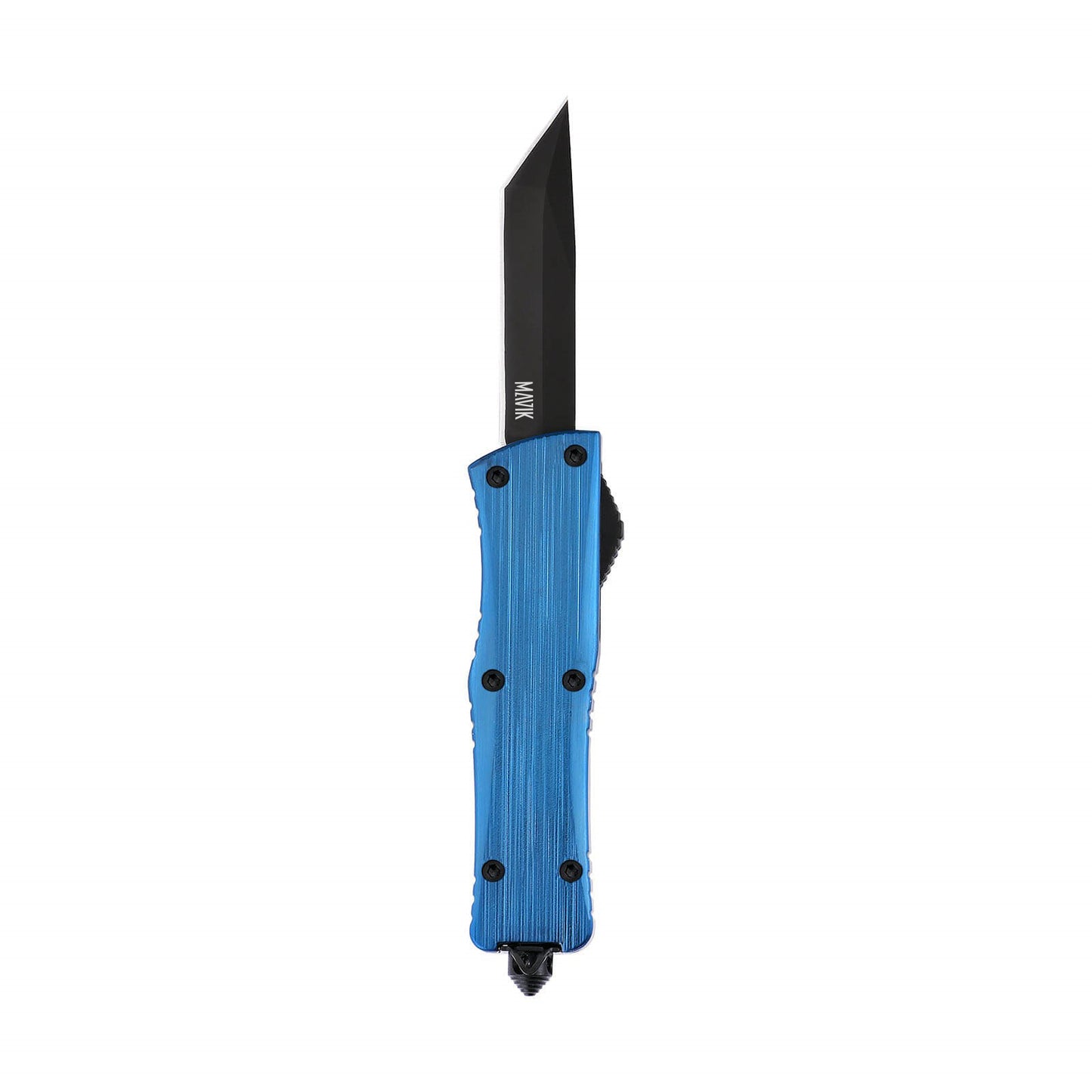 Opian Small OTF knife with dual-action, tanto blade and textured Zinc Alloy handle for secure grip.