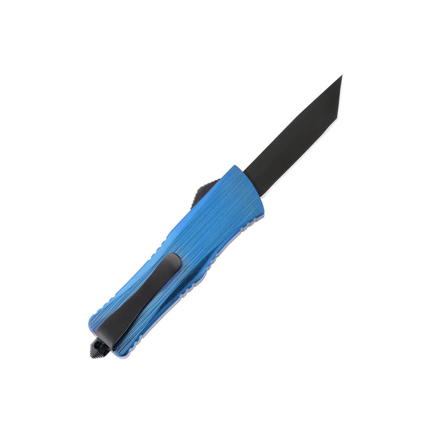 Opian Small OTF knife with dual-action, tanto blade and textured Zinc Alloy handle for secure grip.