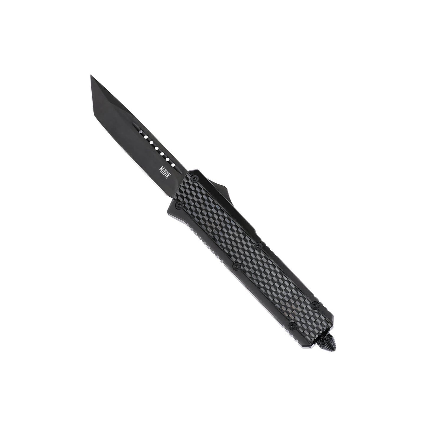 Oran Large OTF knife with dual-action, tanto blade and textured Zinc Alloy handle for secure grip.