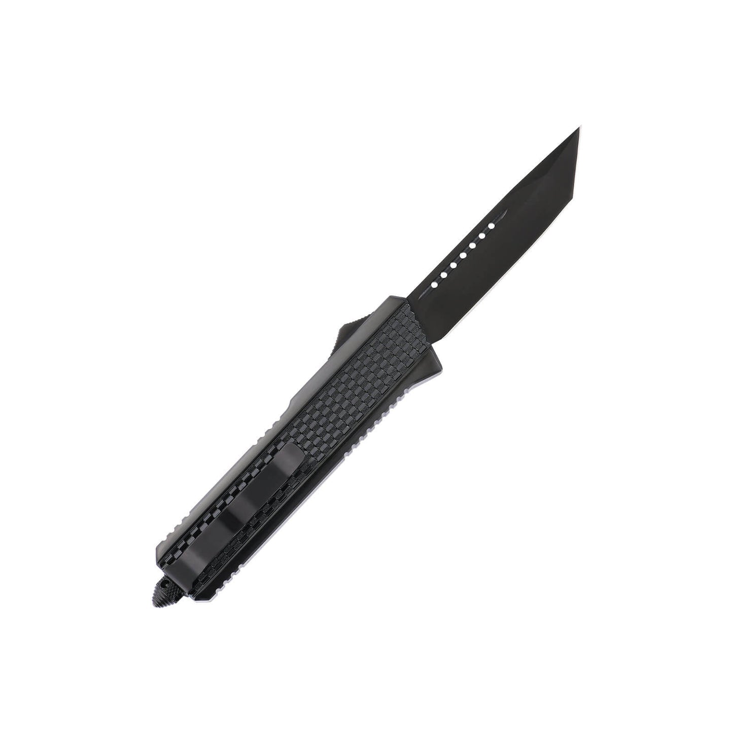 Oran Large OTF knife with dual-action, tanto blade and textured Zinc Alloy handle for secure grip.