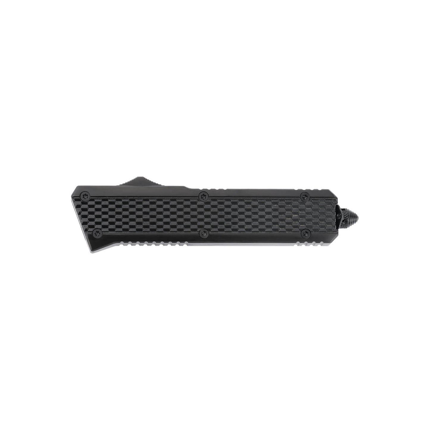 Oran Large OTF knife with dual-action, tanto blade and textured Zinc Alloy handle for secure grip.