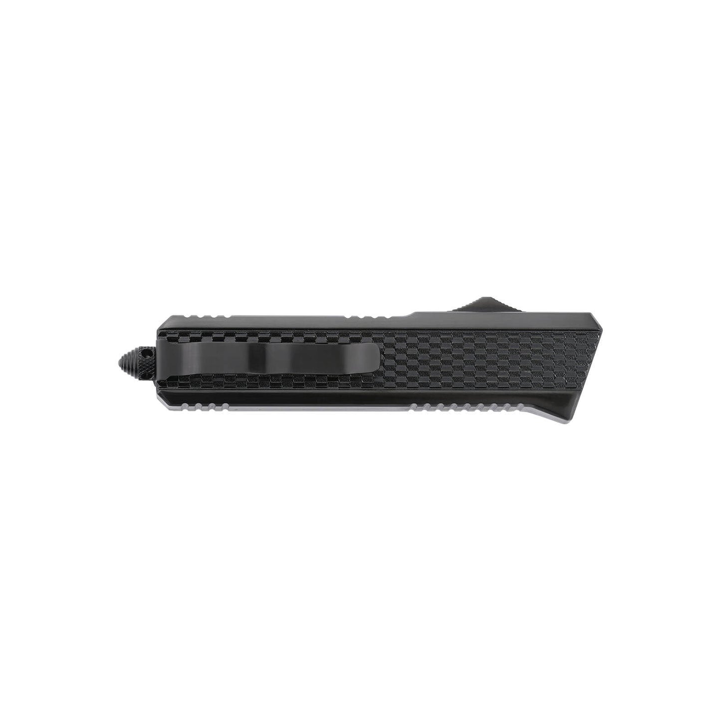 Oran Large OTF knife with dual-action, tanto blade and textured Zinc Alloy handle for secure grip.