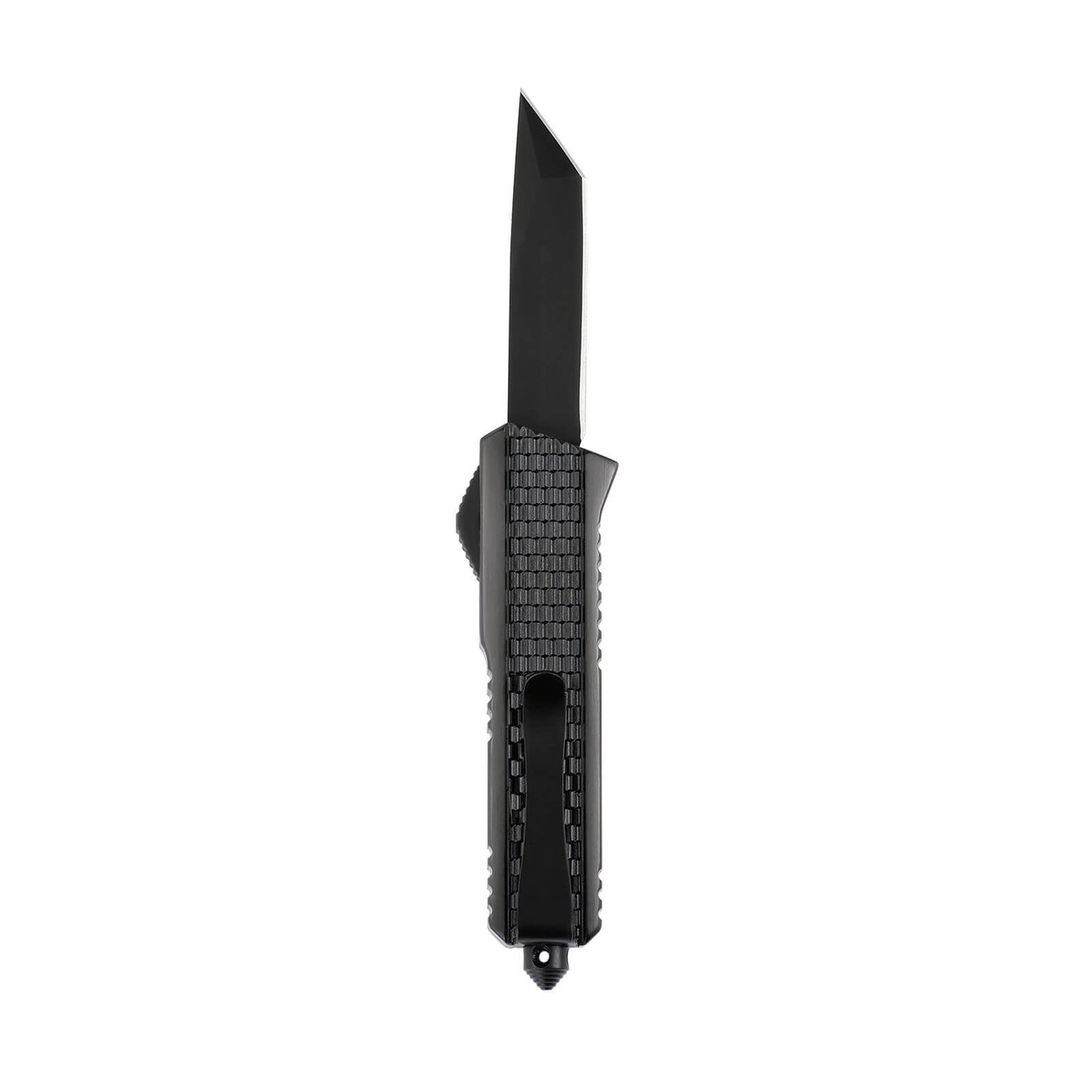 Oran Small OTF knife with dual-action, tanto blade and textured Zinc Alloy handle for secure grip.